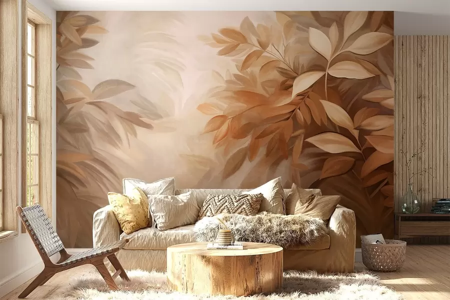 Fototapete Braune und beige Blätter mit weicher, verschwommener Textur, in einem malerischen Stil mit sichtbaren Pinselstrichen w09584