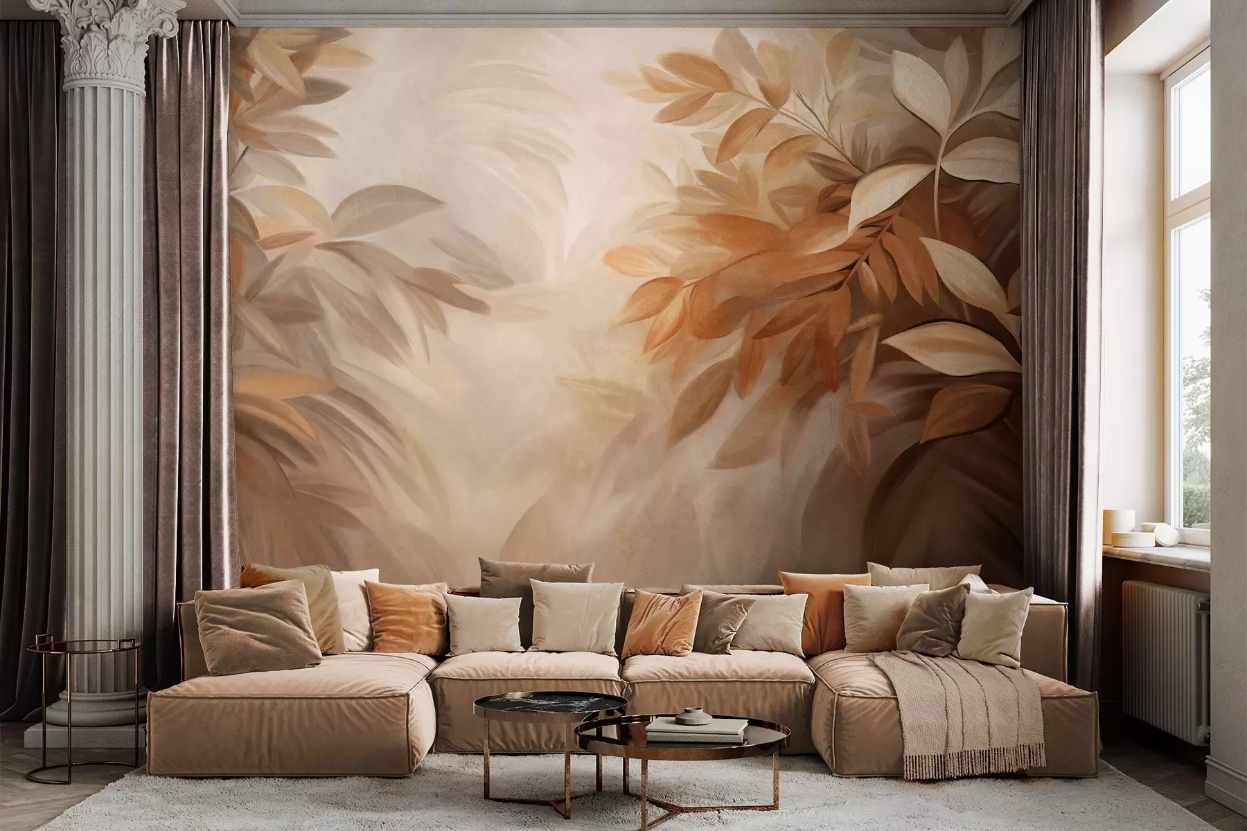 Murale Feuilles brunes et beiges avec un feuillage doux et flou, dans un style pictural avec des coups de pinceau visibles w09584