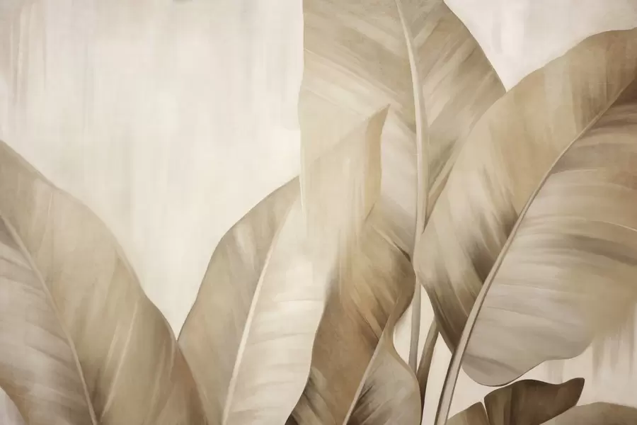 fototapeter Strukturerede store, lysebrune bananblade på en lys beige baggrund med en blød og minimalistisk æstetik w09586