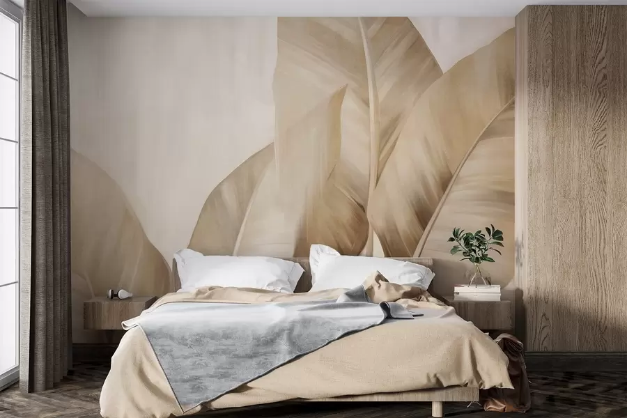 Murale Grandes feuilles de bananier texturées, de couleur brun clair, sur fond beige clair, avec une esthétique douce et minimaliste w09586
