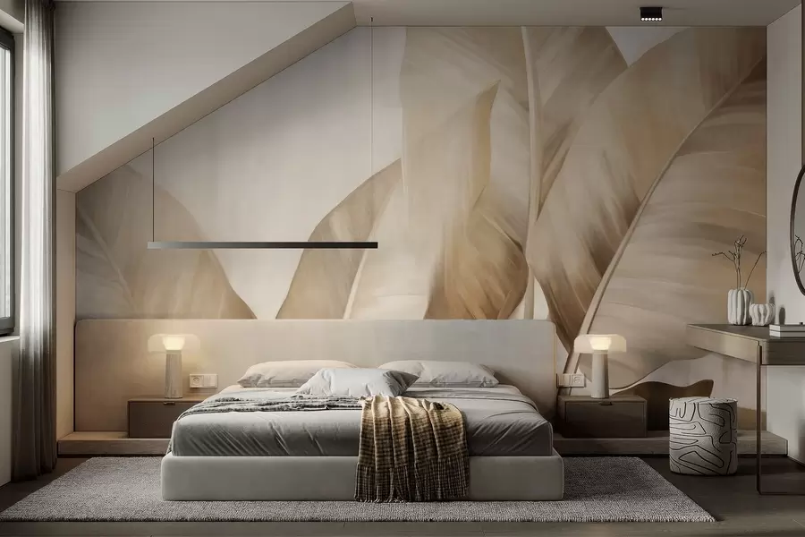 Fototapete Strukturierte, große, hellbraune Bananenblätter vor einem hellbeigen Hintergrund, mit einer weichen und minimalistischen Ästhetik w09586