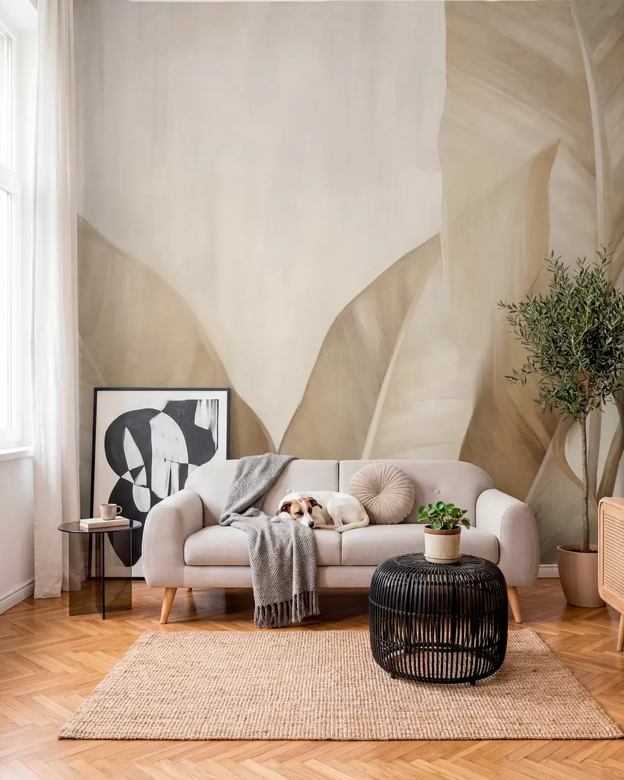 Fototapete Strukturierte, große, hellbraune Bananenblätter vor einem hellbeigen Hintergrund, mit einer weichen und minimalistischen Ästhetik w09586