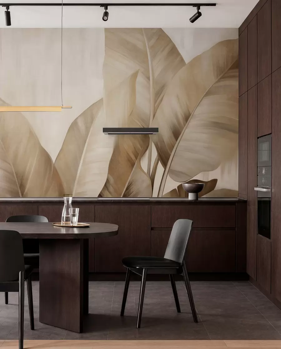 fototapeter Strukturerede store, lysebrune bananblade på en lys beige baggrund med en blød og minimalistisk æstetik w09586