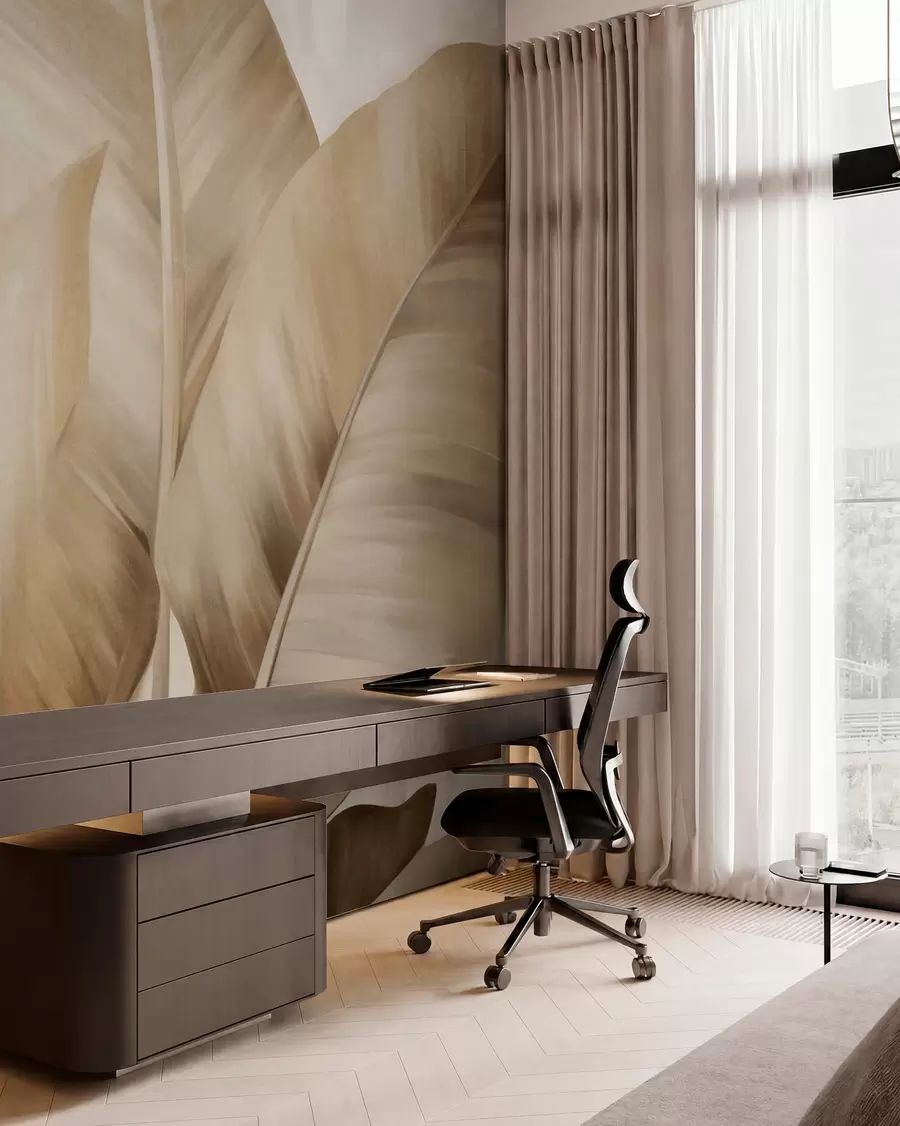 fototapeter Strukturerede store, lysebrune bananblade på en lys beige baggrund med en blød og minimalistisk æstetik w09586