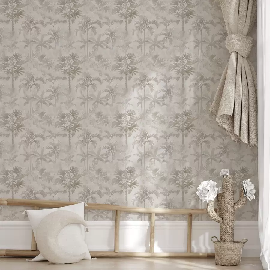 Fototapete Nebelverhangener Palmenhain in warmen Beigetönen a00881