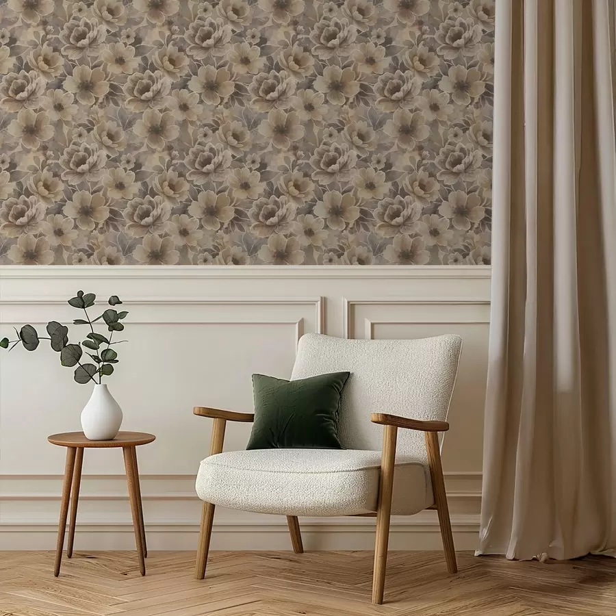 Fototapete Malerische beige Blumen auf einem rauchigen abstrakten Hintergrund a00884