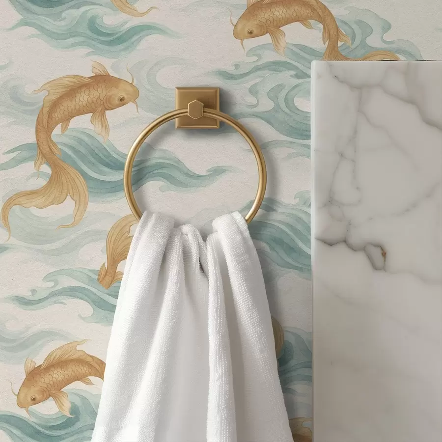 fototapeter Amber koi fisk svømmer blandt bløde turkise bølger a00894