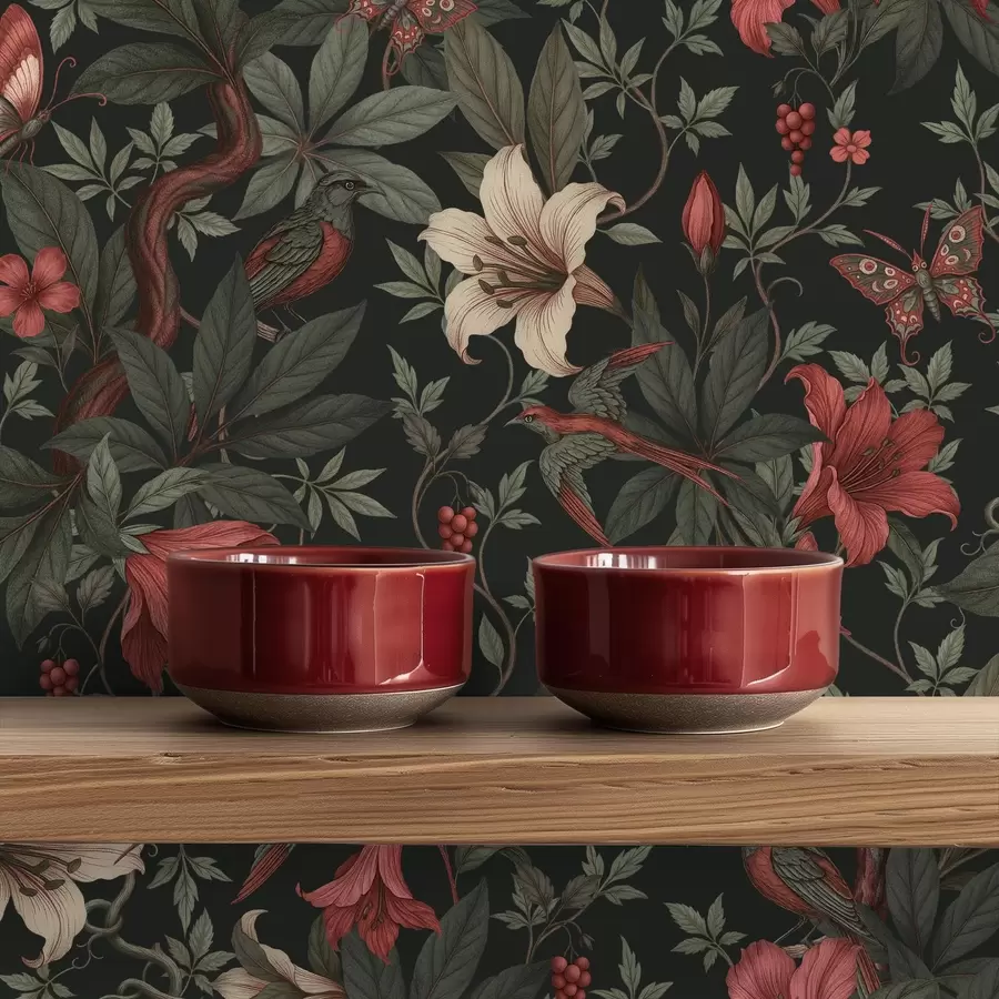 fototapeter Mørke jungleblomster med fugle og sommerfugle a00895