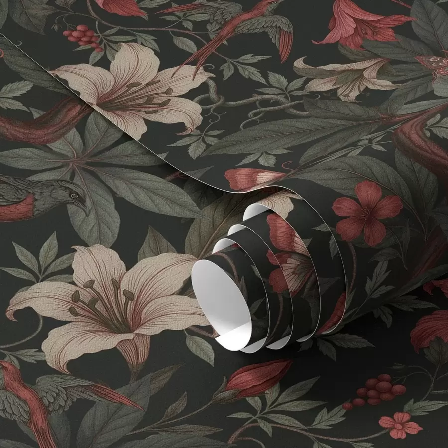 fototapeter Mørke jungleblomster med fugle og sommerfugle a00895