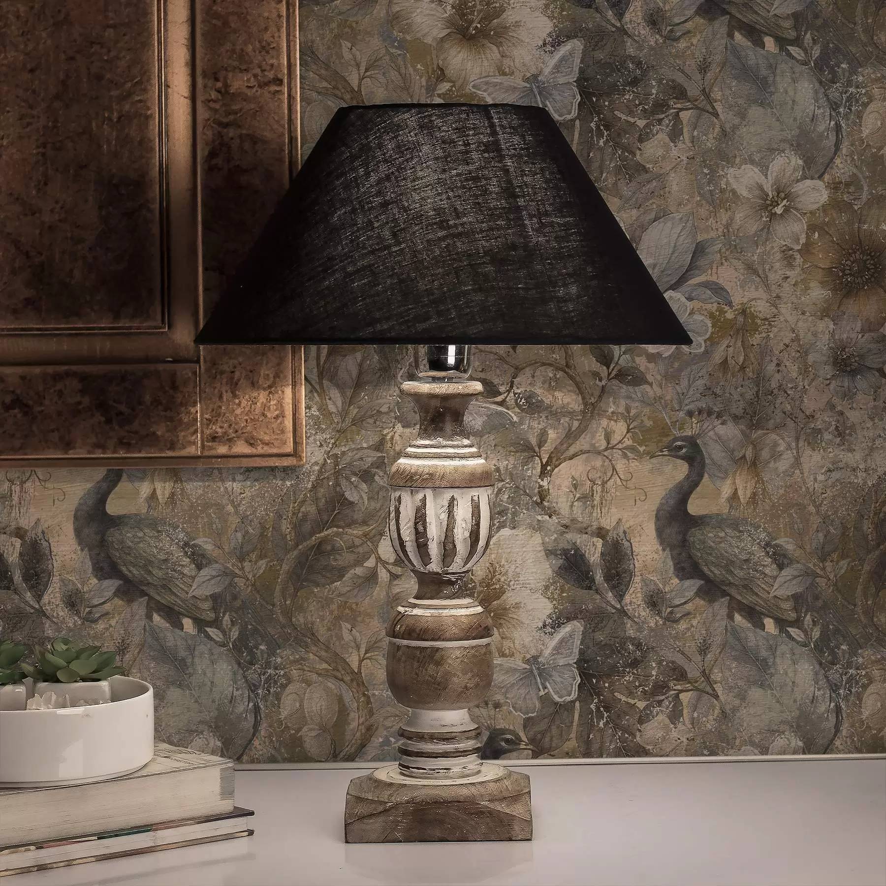 Fototapete Gealterte Blumen-Collage mit Pfauen und Schmetterlingen a00897