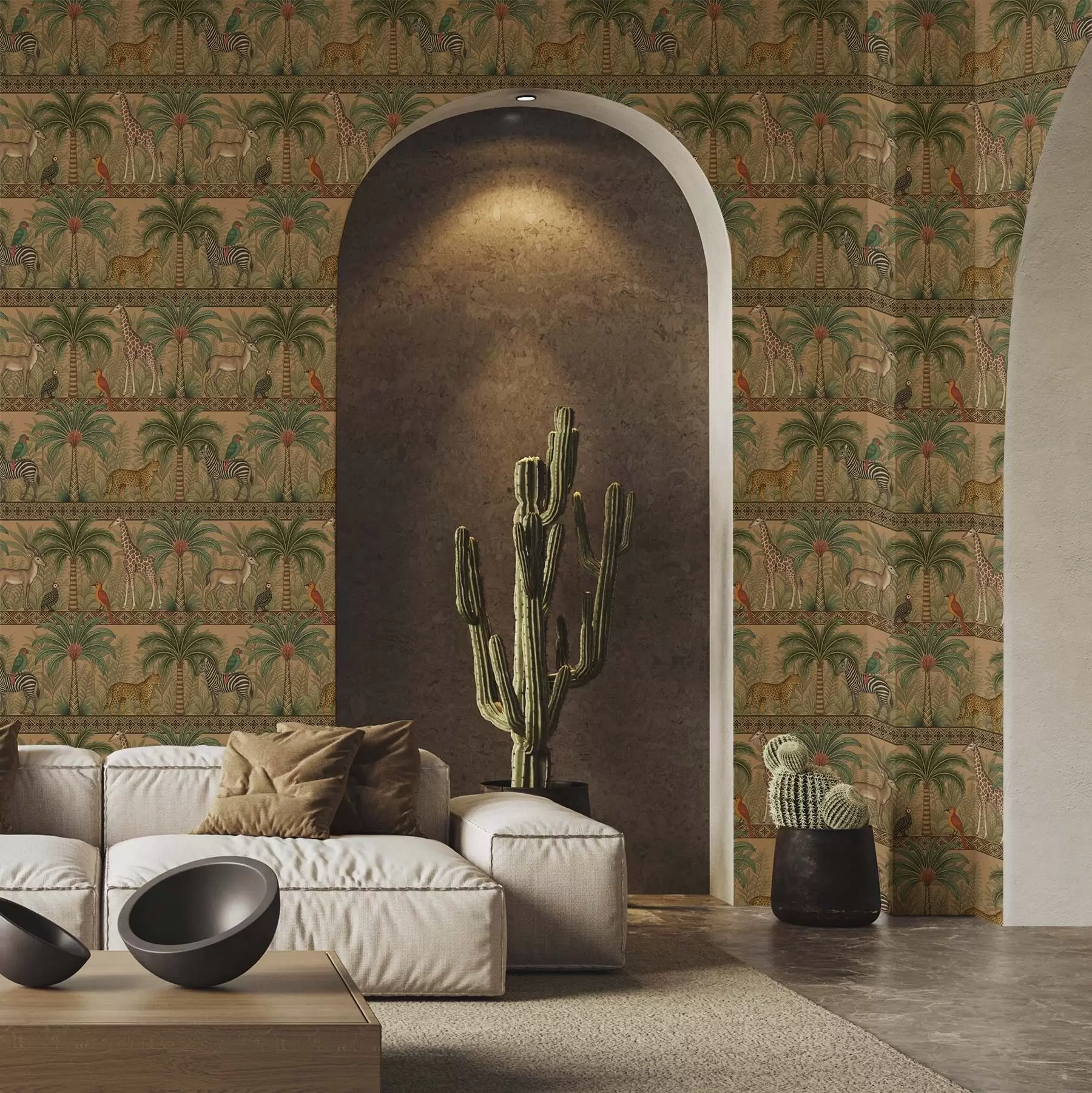 Murale Animaux décoratifs de la savane entre palmiers et bordures a00898