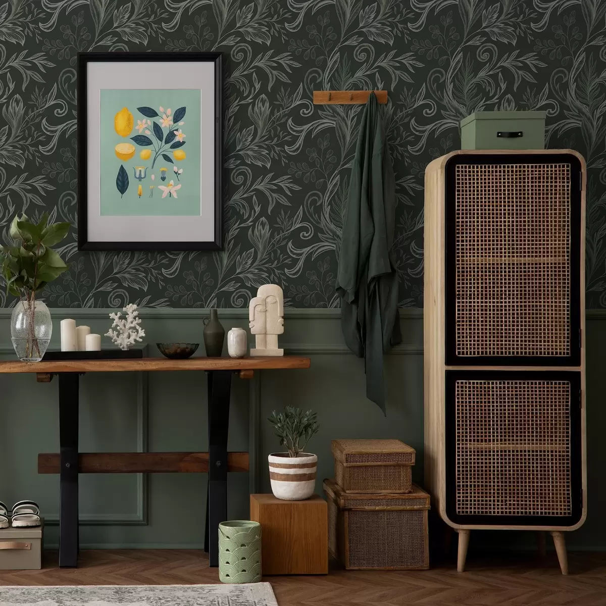 Tapete Tiefgrüne, gewellte Blätter in kreidigen Grüntönen a00935v2