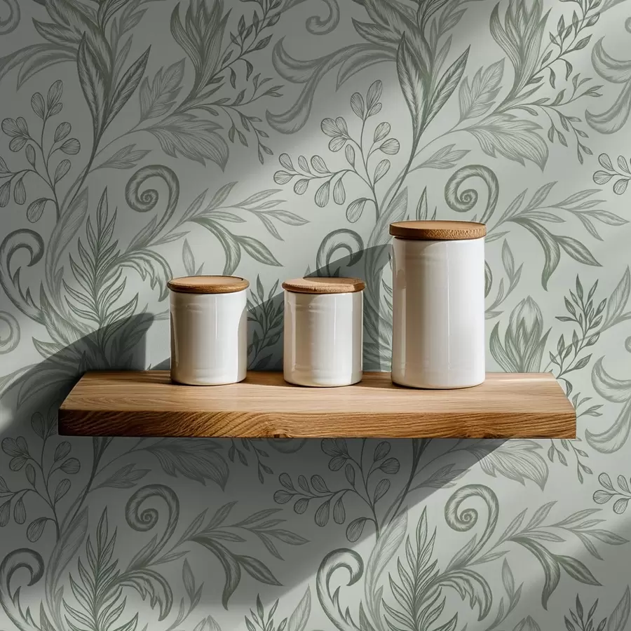 fototapeter Bløde, krøllede blade i delikate grågrønne linjer a00935v3