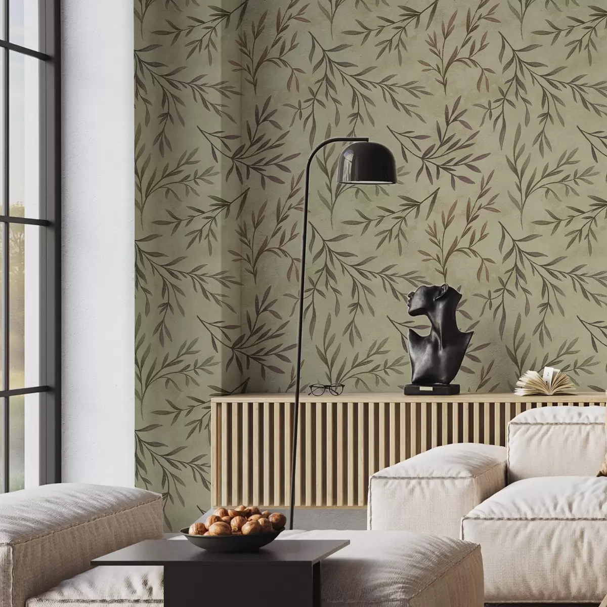 Papier peint Branches de lilas et de verdure avec des feuilles sur un fond chaud a00936v4