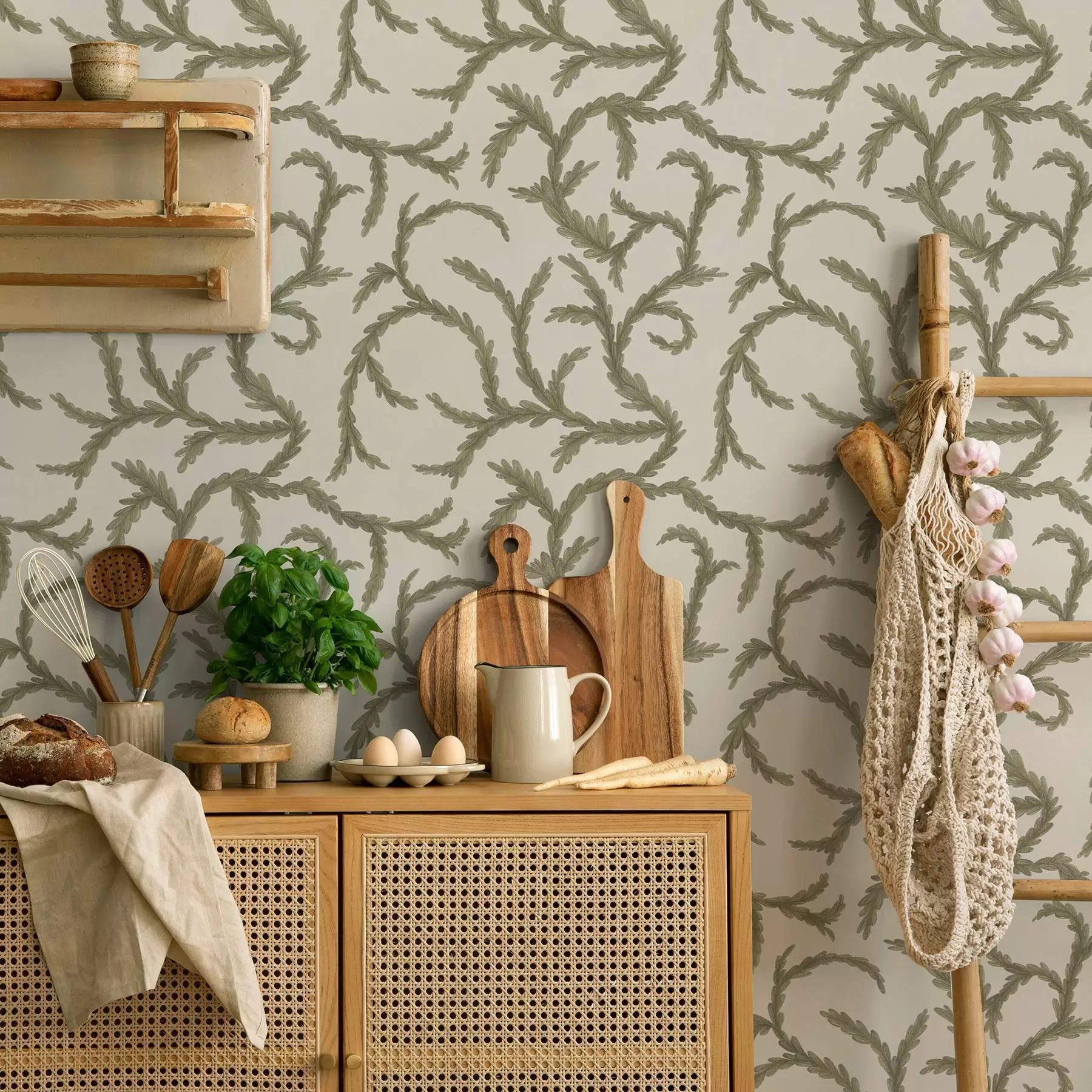 Murale Boucles de conifères verts tendres sur fond clair a00938