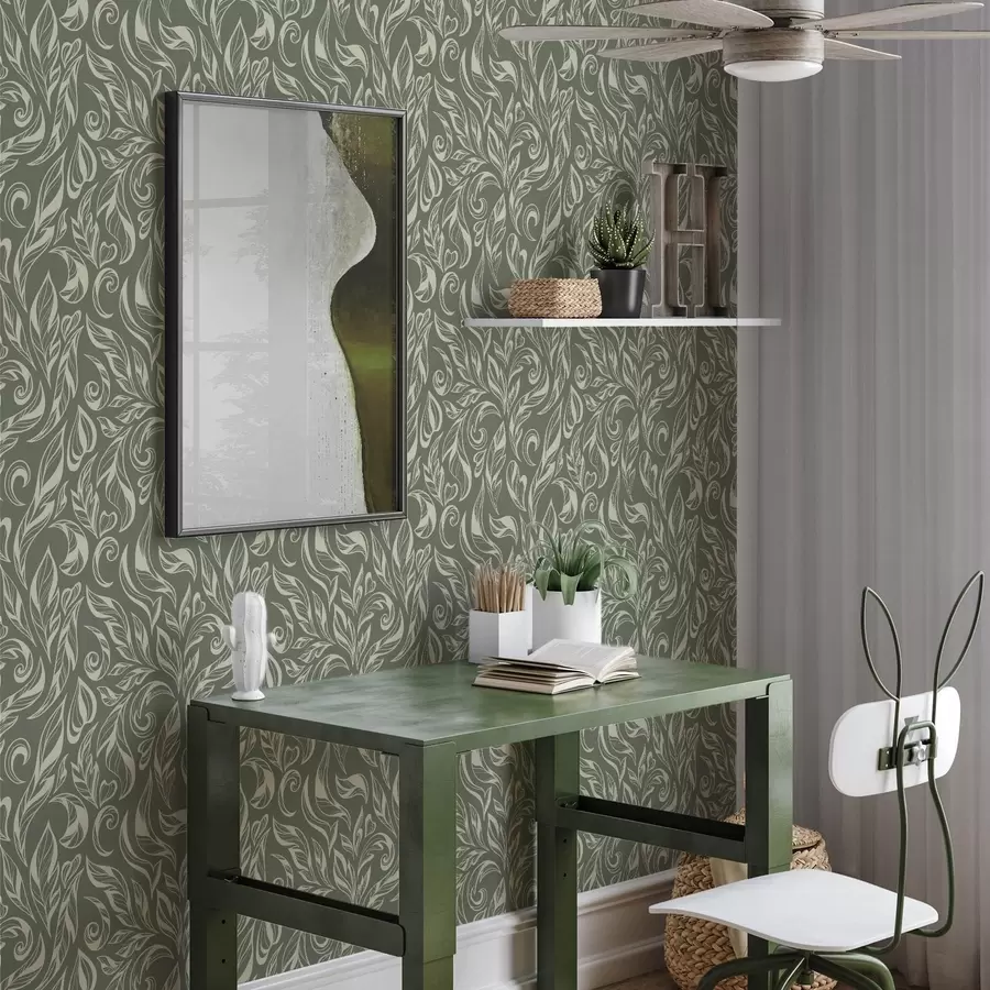 fototapeter Cremefarvet bladornament på en grønlig-grå baggrund a00940v2