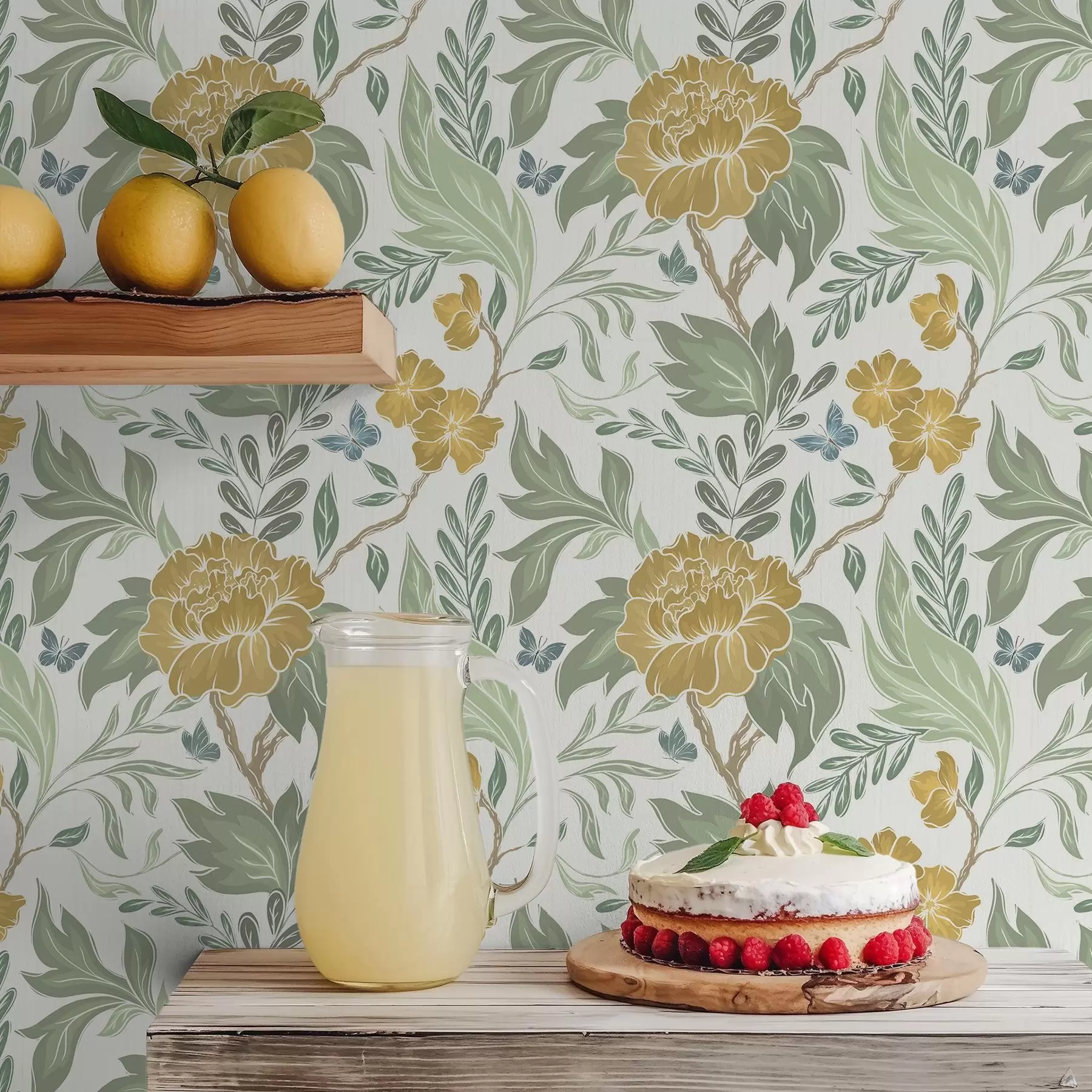 Fototapete Große gelbe Pfingstrosen und Grünpflanzen auf hellem Hintergrund a00941