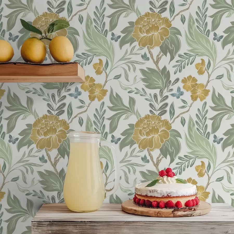 fototapeter Store gule pæoner og grønt på lys baggrund a00941