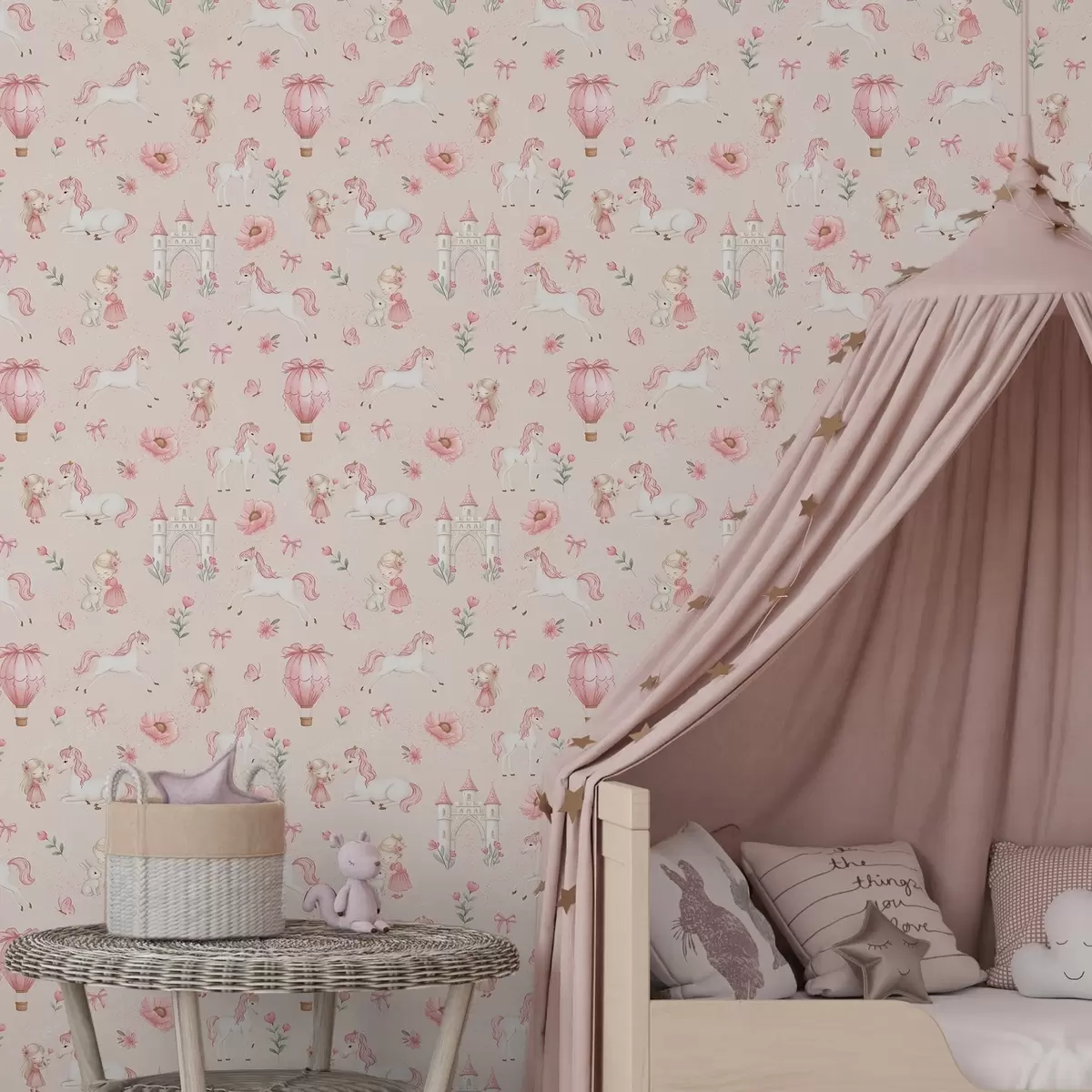 Papier peint Licornes roses, petites filles et château sur un fond doux a00957