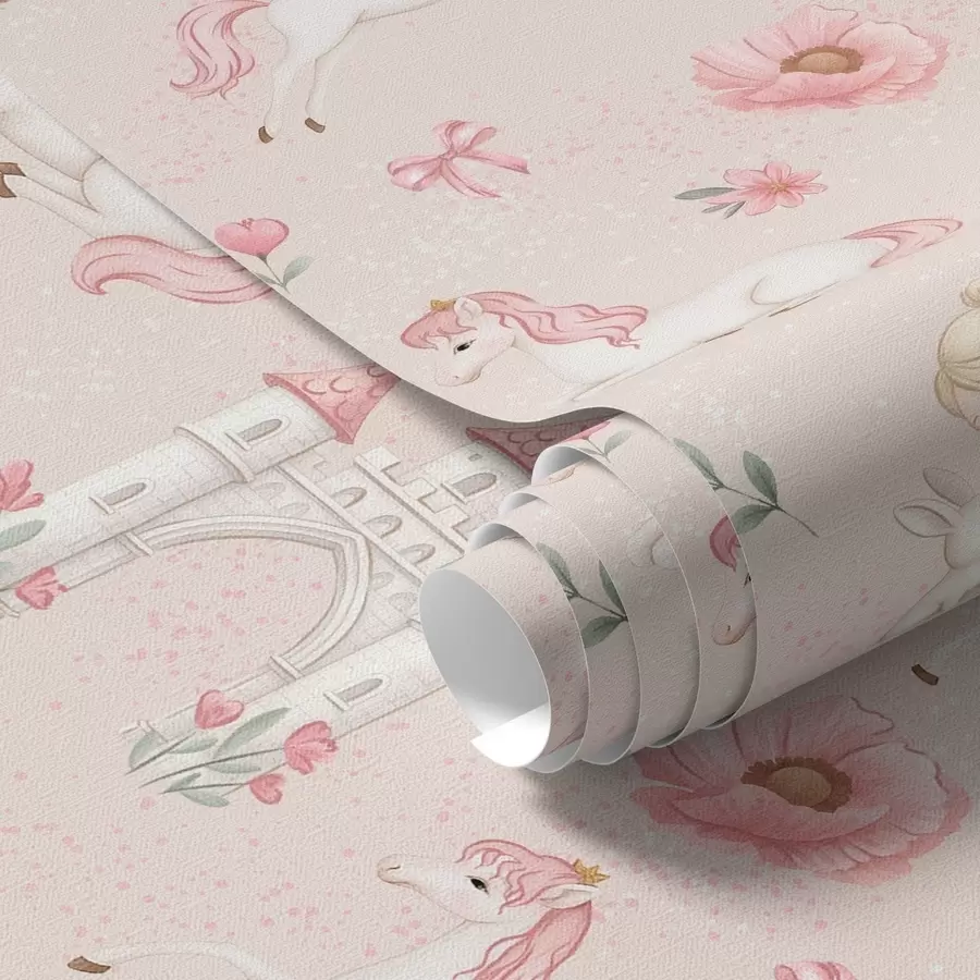 fototapeter Pink enhjørninger, små piger og et slot på en blød baggrund a00957