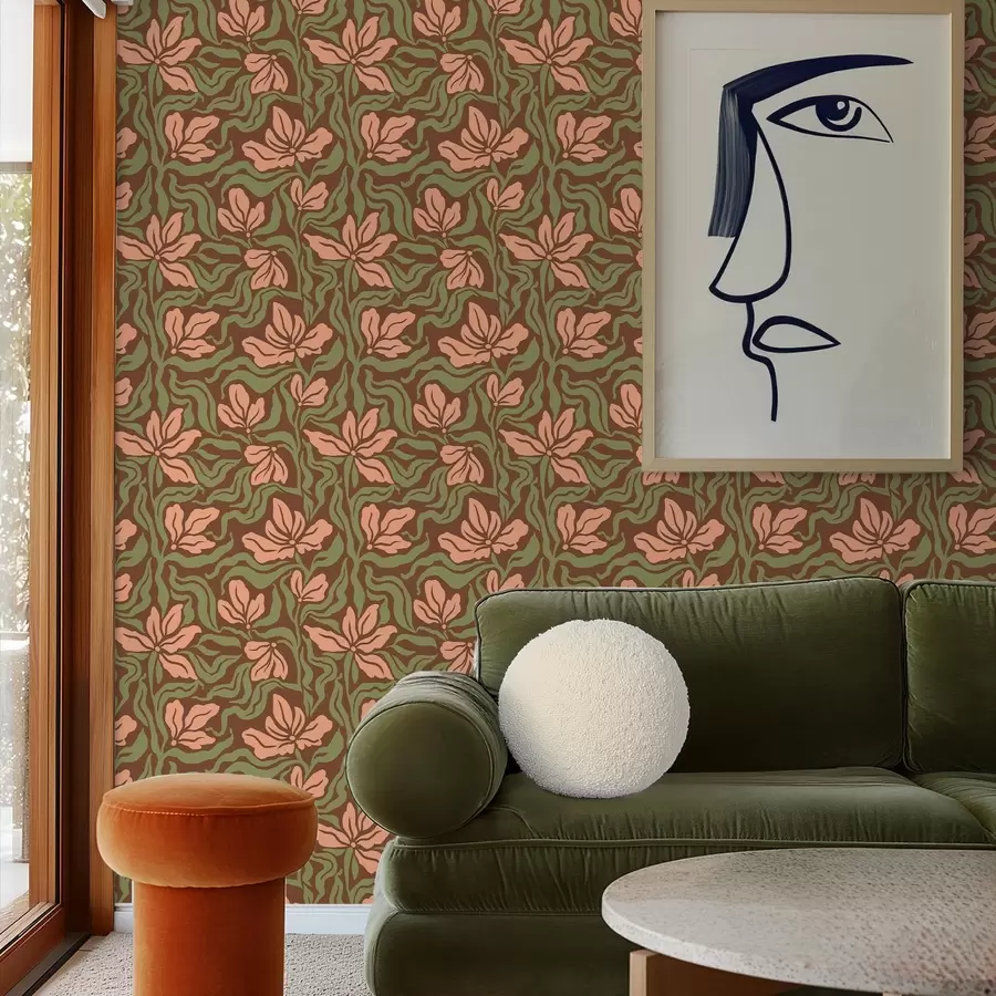 Murale Fleurs de pêcher et verdure sur fond brun foncé a00958v2