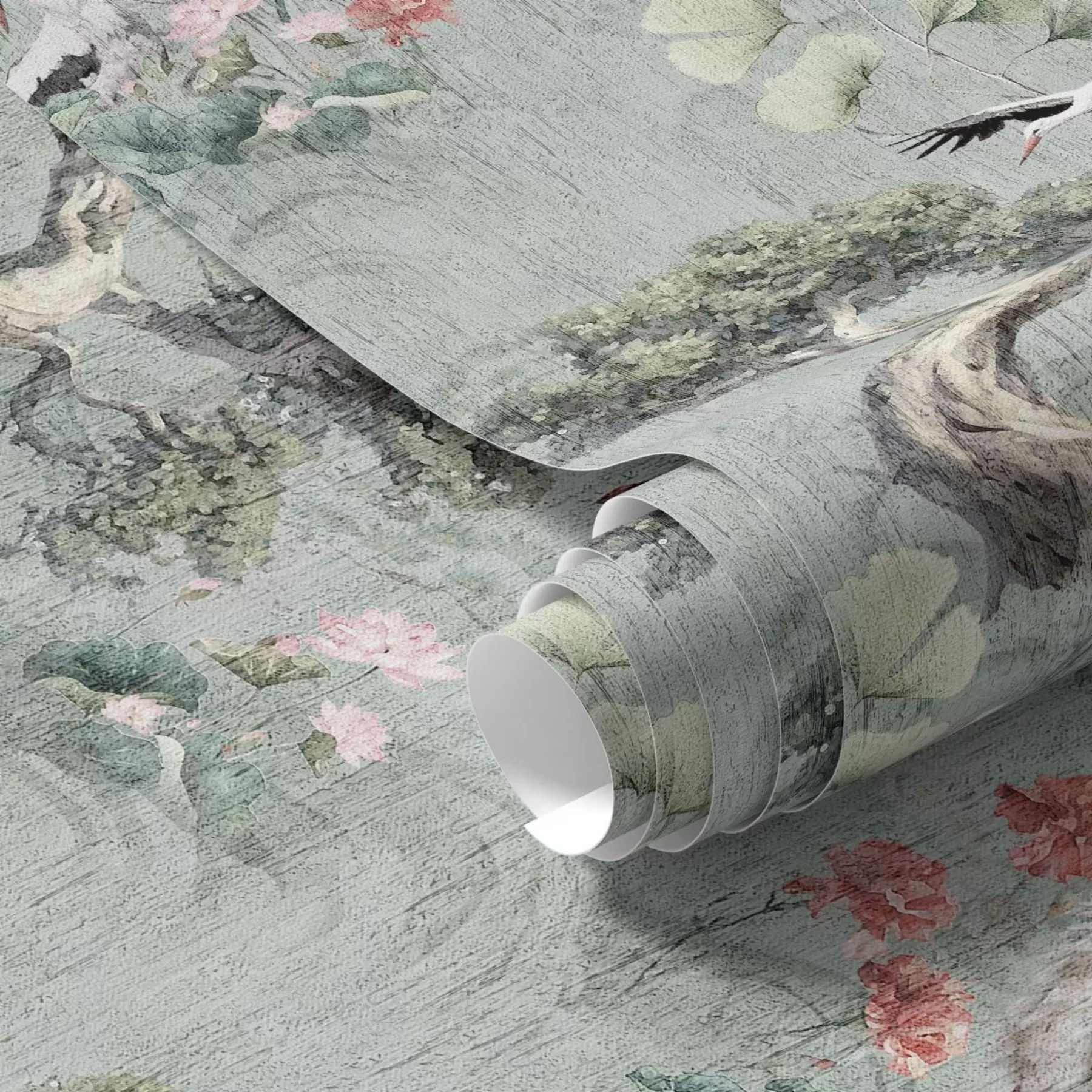 Murale Grues parmi les pins et les lotus sur un fond vert apaisant a00962