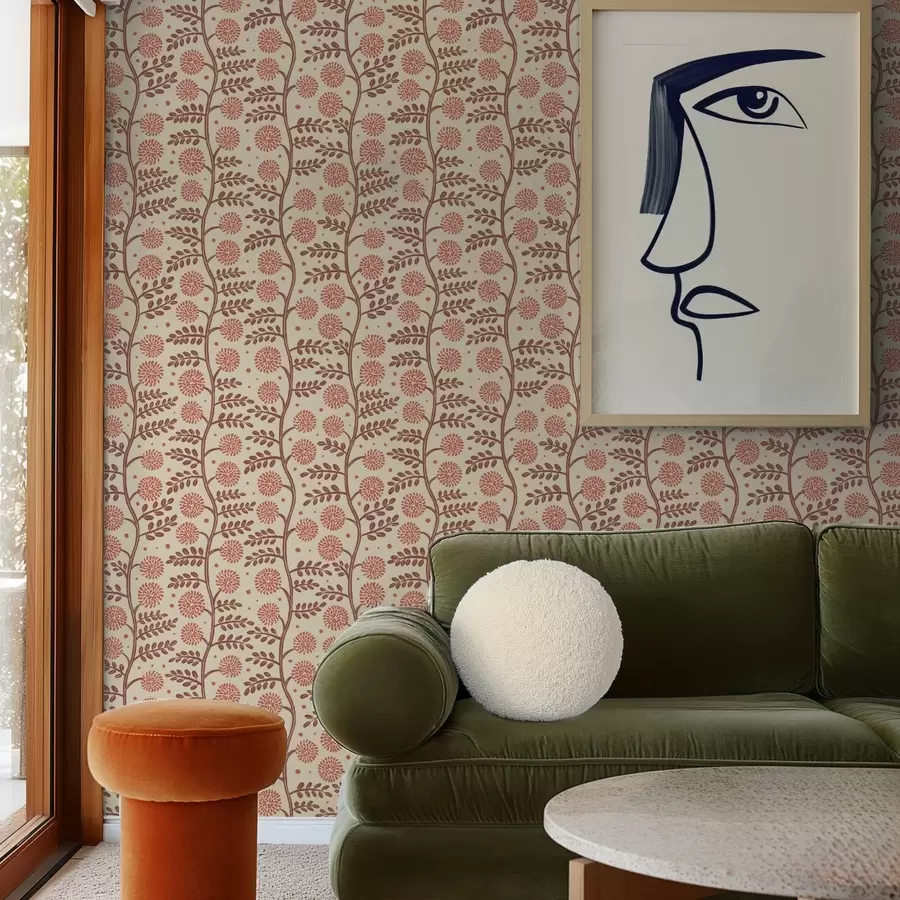 fototapeter Terracotta stilke med koralbløde blomster på en cremefarvet baggrund a00997v1