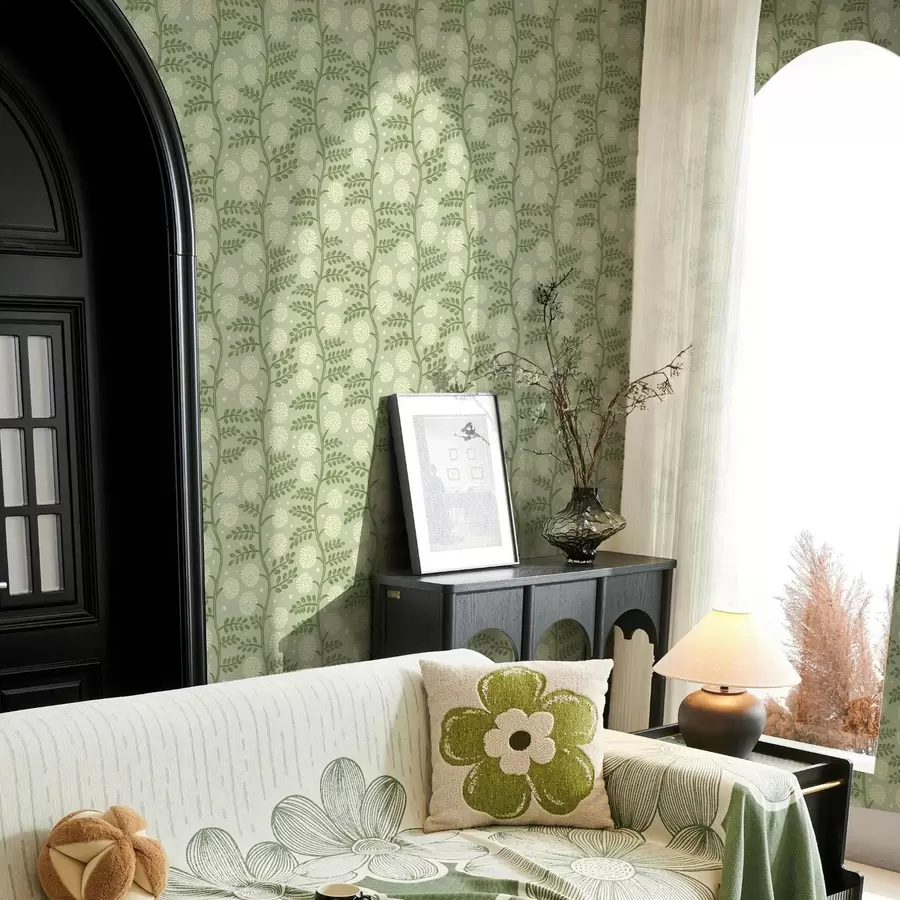 fototapeter Salviegrønne stængler med elfenbensfarvede, fluffy blomster og prikker a00997v2