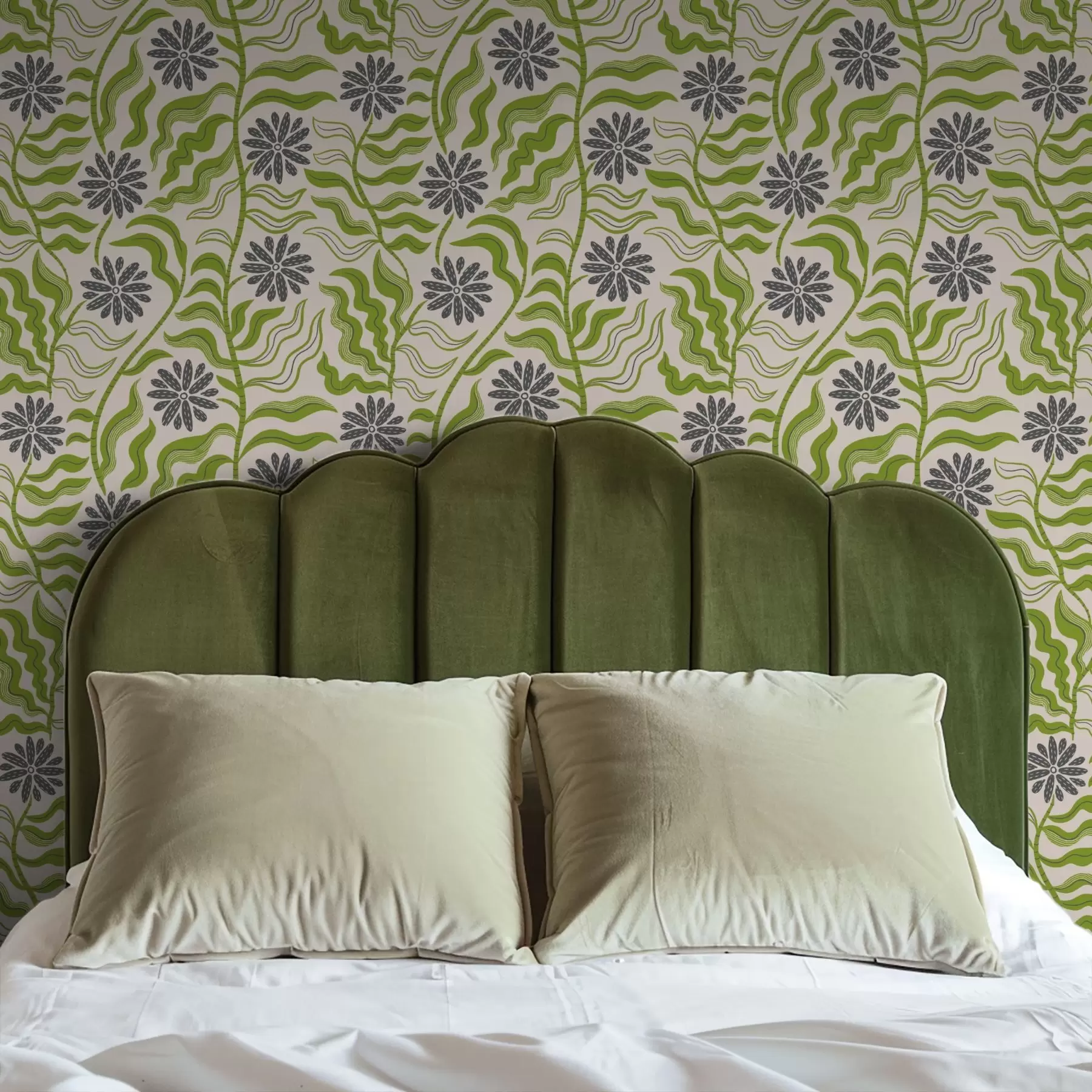 Fototapete Verspielte grüne Gänseblümchen mit gewellten Blättern auf cremefarbenem Hintergrund a00998