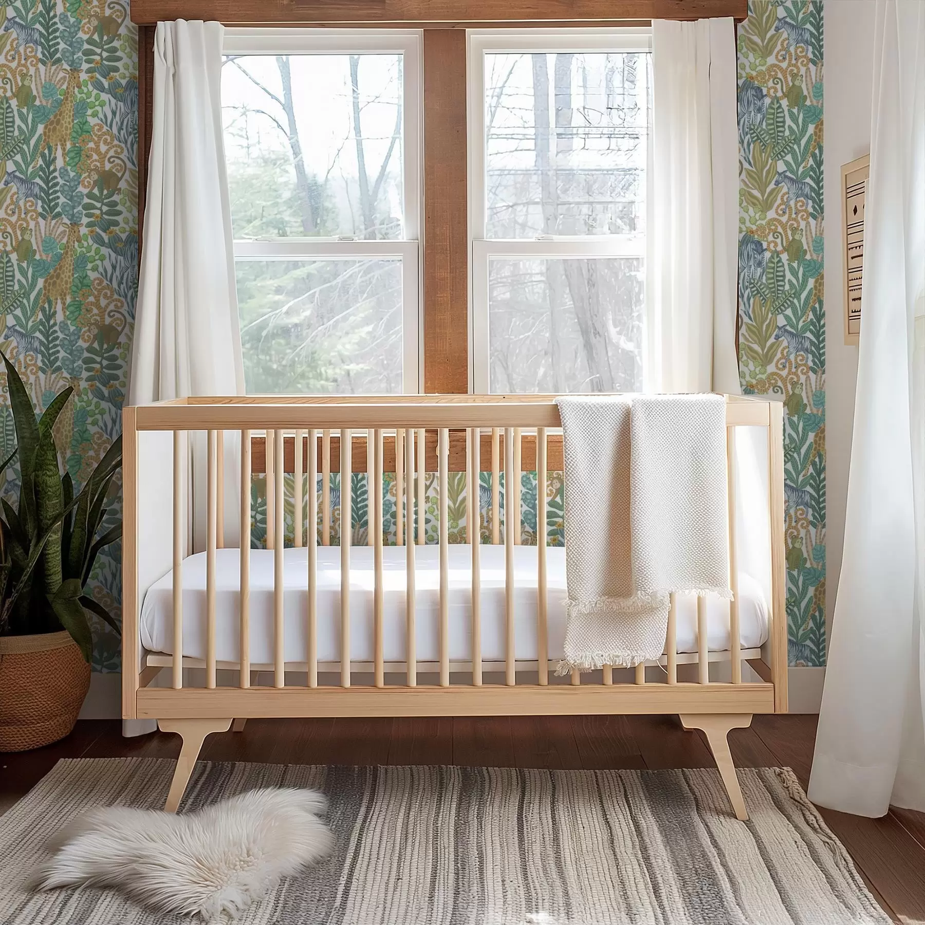 fototapeter Muntre savannedyr blandt blade på hvid baggrund a01000