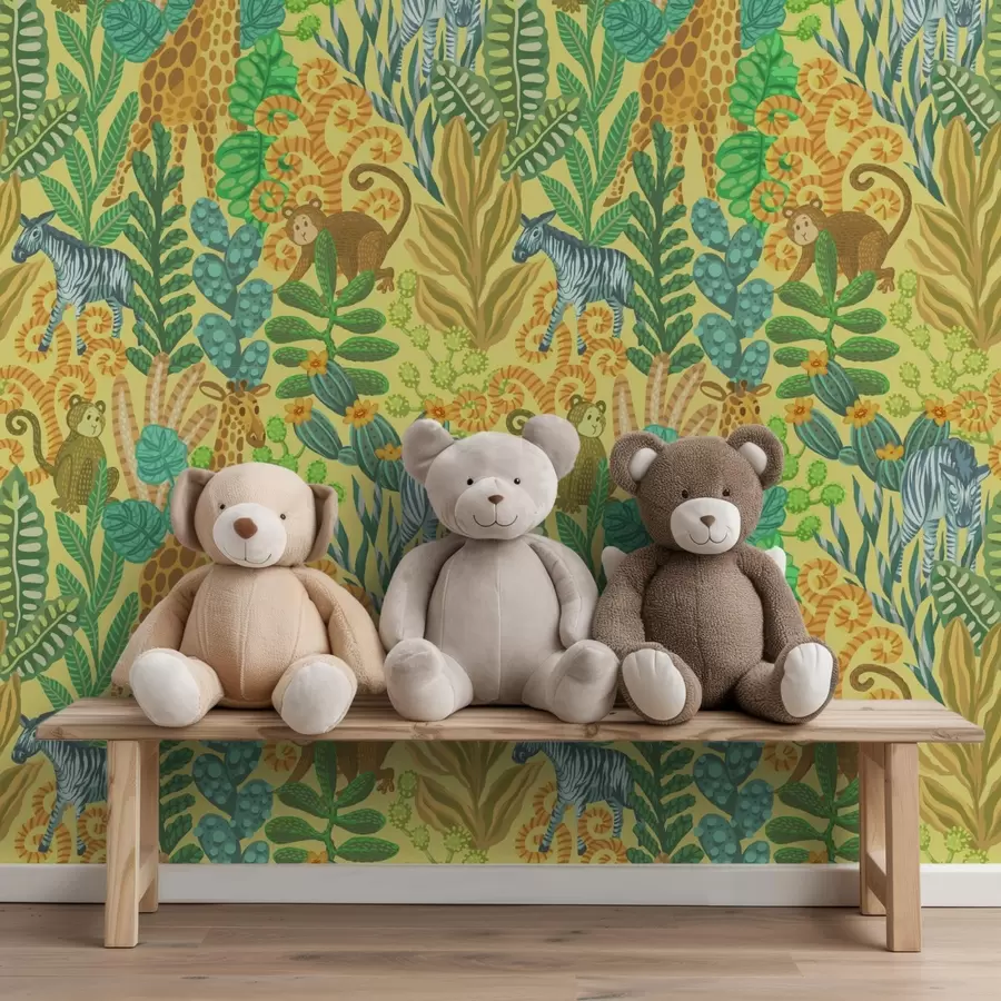 fototapeter Giraf, zebra og abe i en lysegul savanne a01000v1