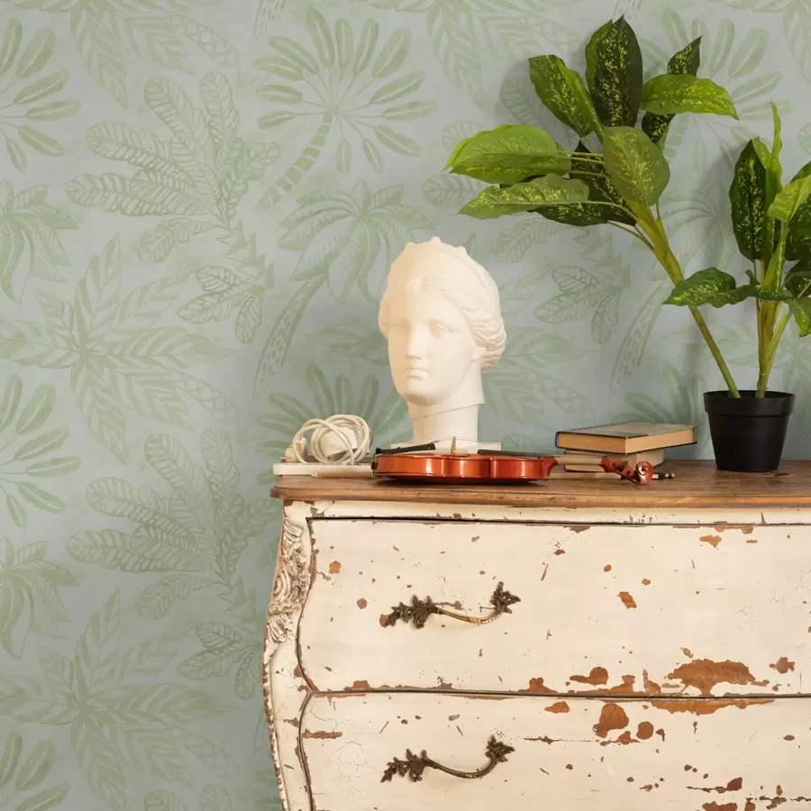 fototapeter Skitserede tropiske blade i friske lysegrønne nuancer a01001v1