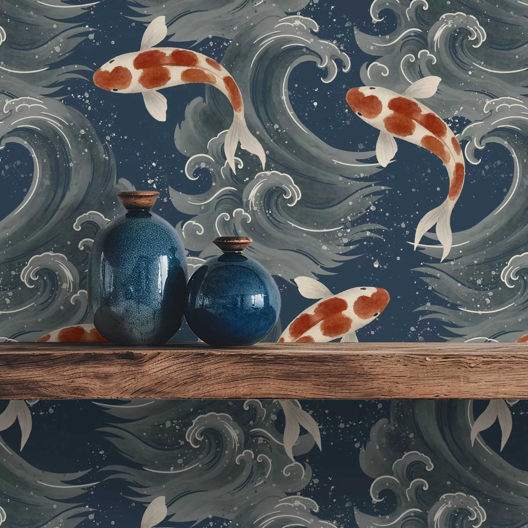 fototapeter Koi-fisk svømmer blandt dramatiske havbølger a01019