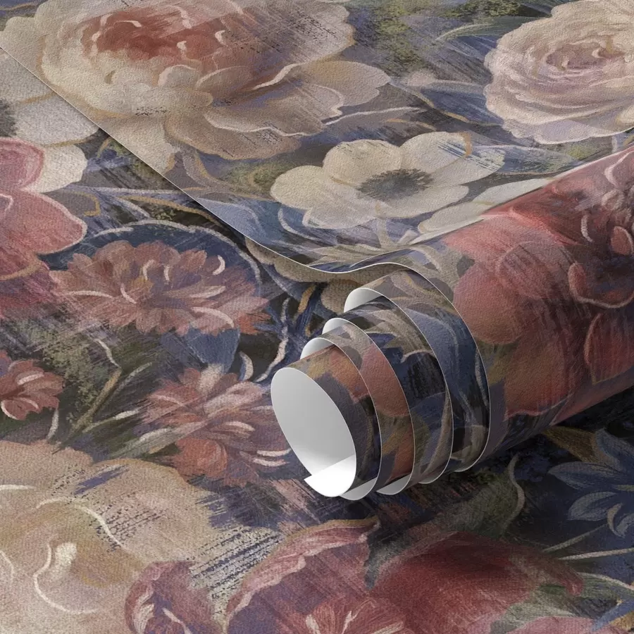 fototapeter Maleriagtig buket med store blomster på dyb indigo baggrund a01021