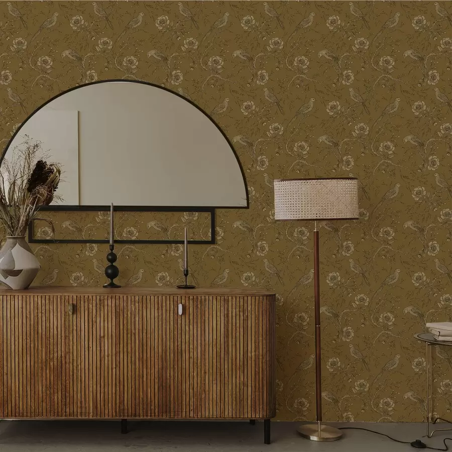 Murale Oiseaux et fleurs vintage sur un fond olive chaleureux a01022v1