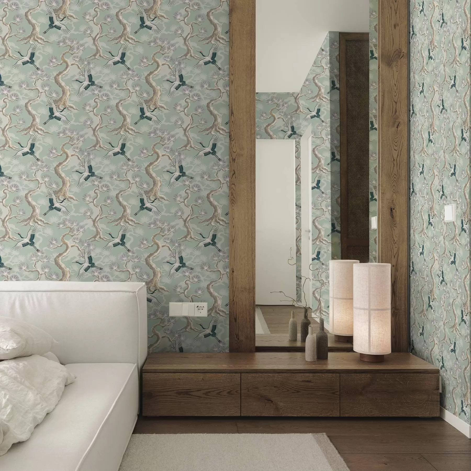 Fototapete Kraniche zwischen geschwungenen Ästen auf einem sanften, salbeifarbenen Hintergrund a01023