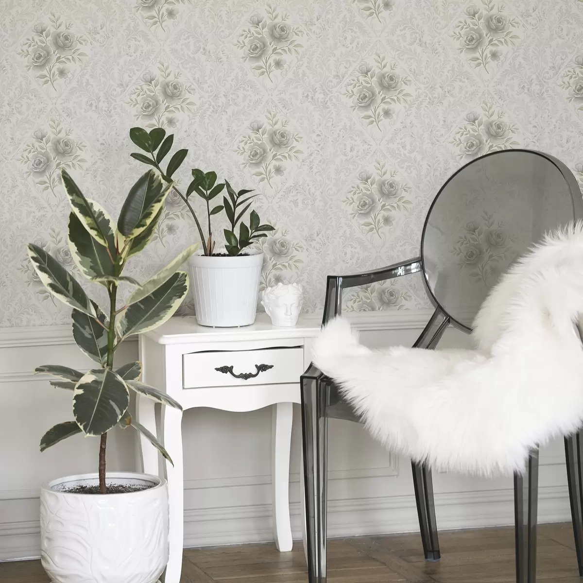 Papier peint Motif damassé clair avec des roses grises dans des losanges doux a01024