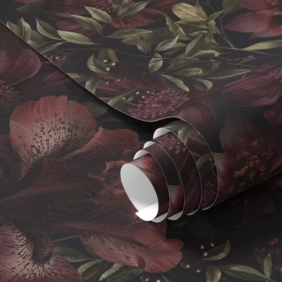 Murale Riches fleurs bordeaux sur fond sombre a01032