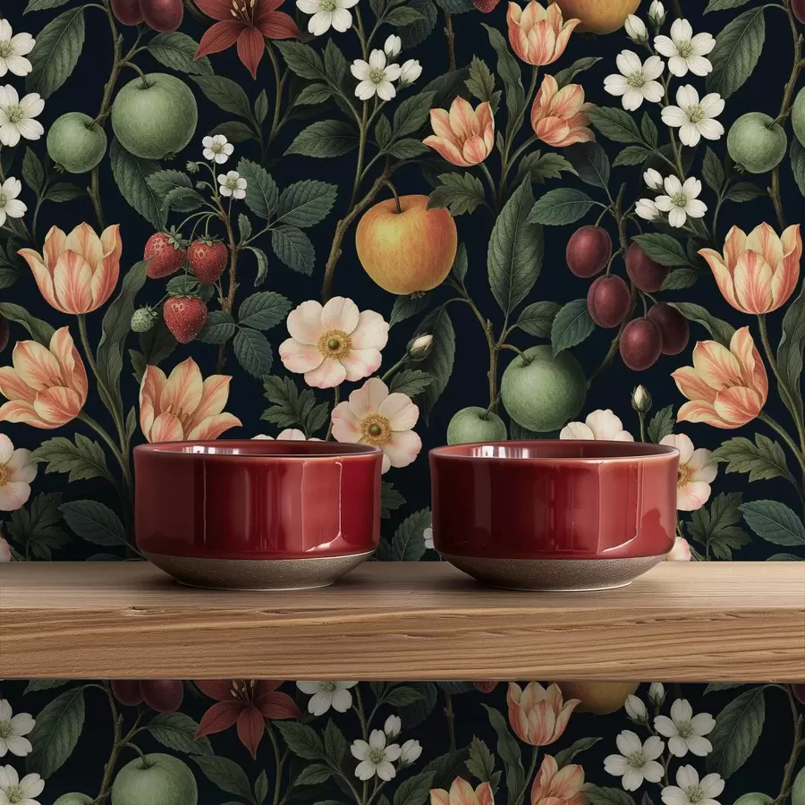 Murale Jardin sombre avec des fleurs, des pommes mûres et des baies a01034