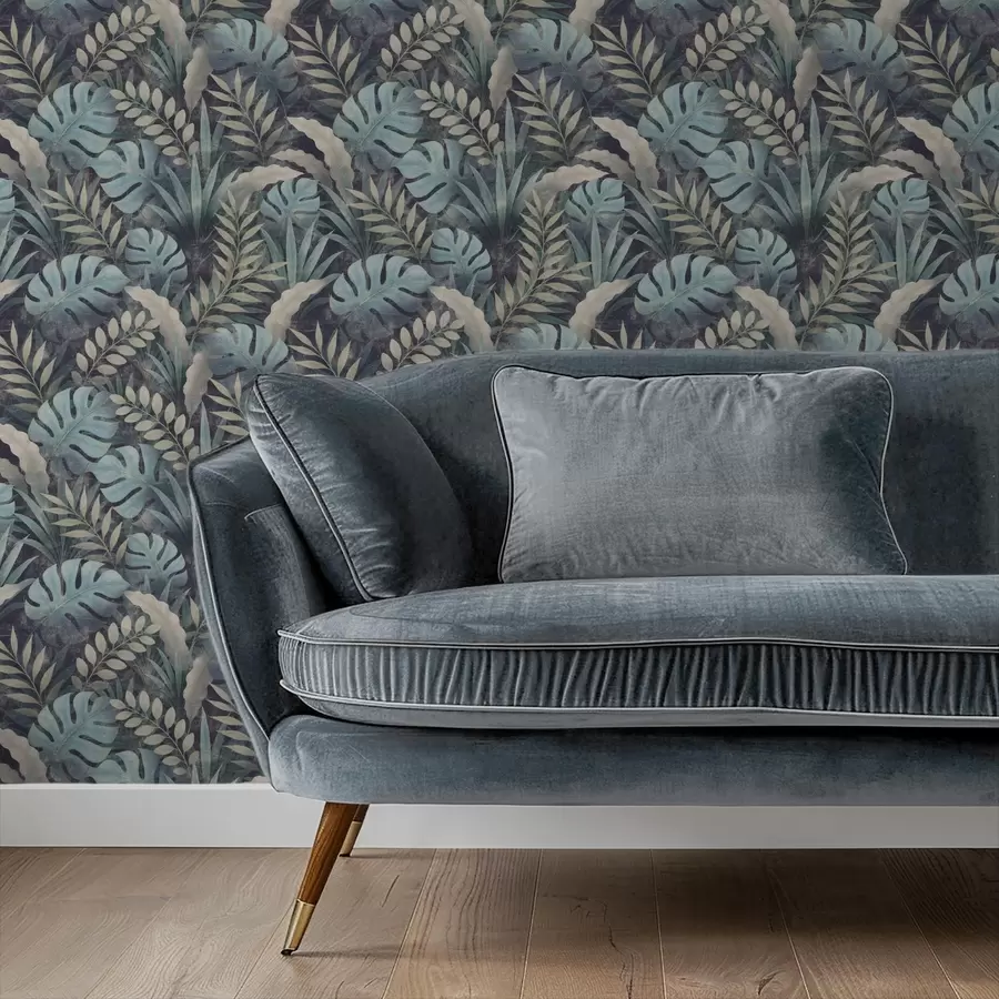 Murale Feuillage tropical dans des tons bleu-vert frais a01035