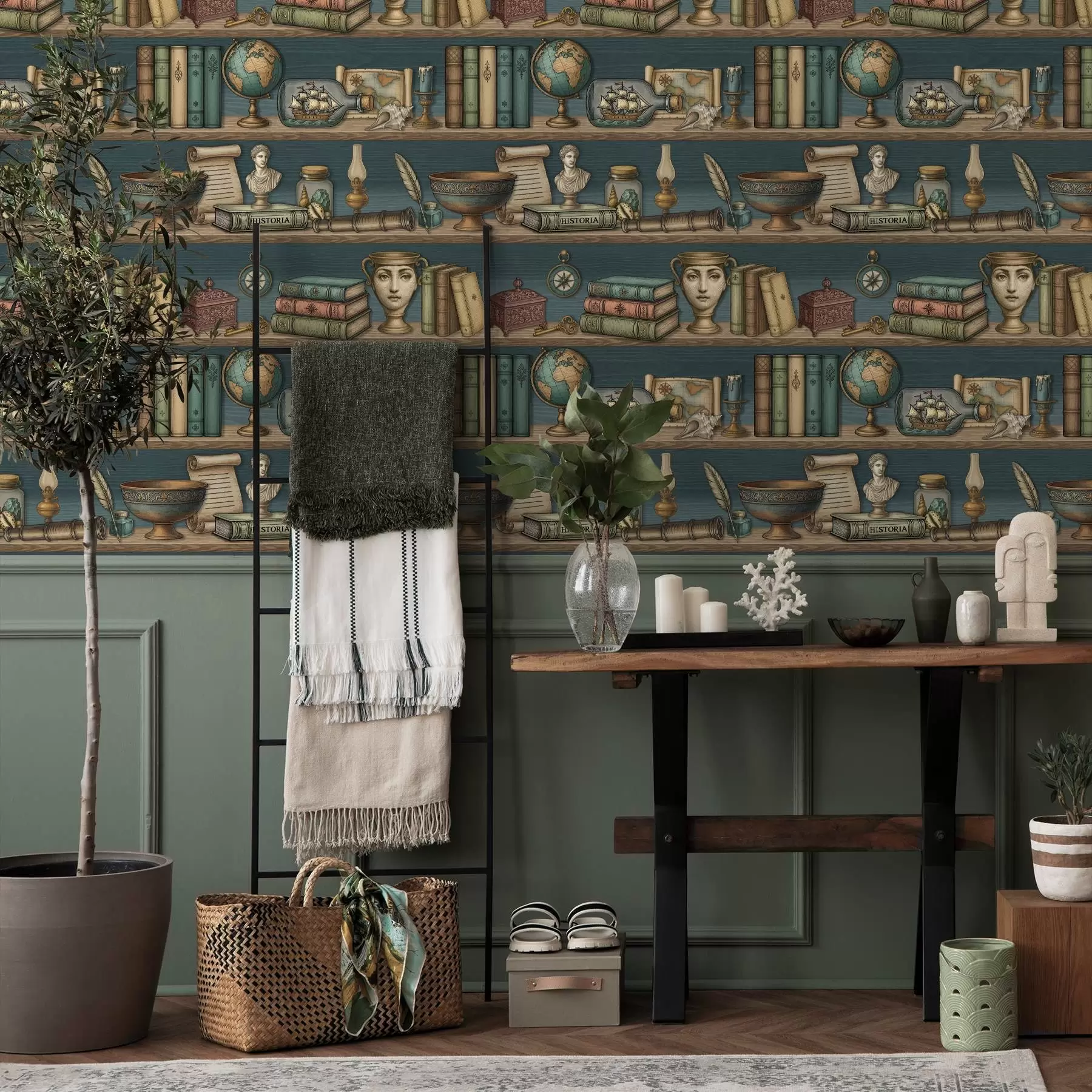 Fototapete Vintage-Regale mit Büchern, einem Globus und Meereskuriositäten a01036