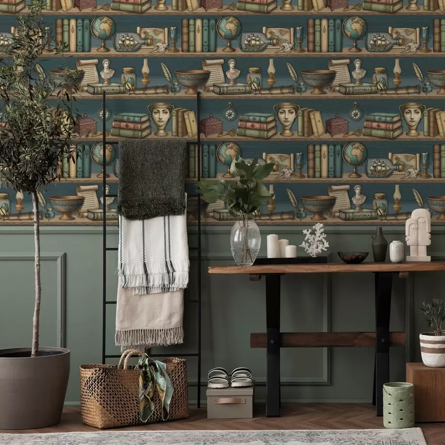 Murale Étagères vintage avec des livres, un globe terrestre et des curiosités marines a01036