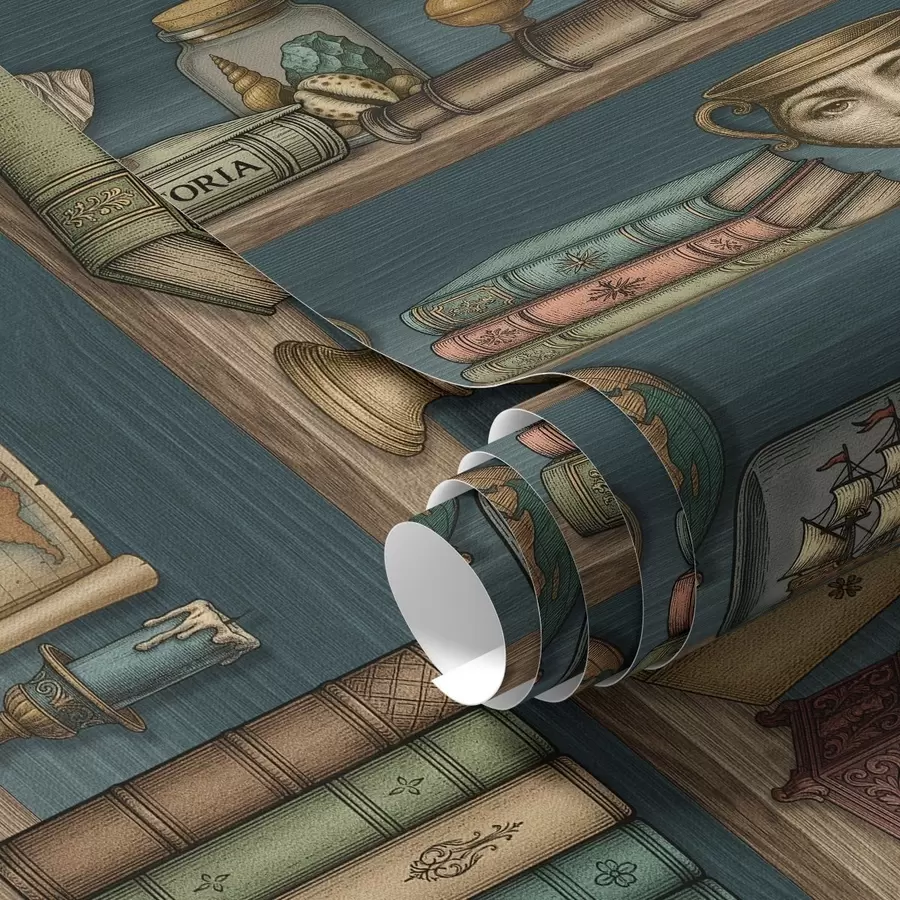 Fototapete Vintage-Regale mit Büchern, einem Globus und Meereskuriositäten a01036