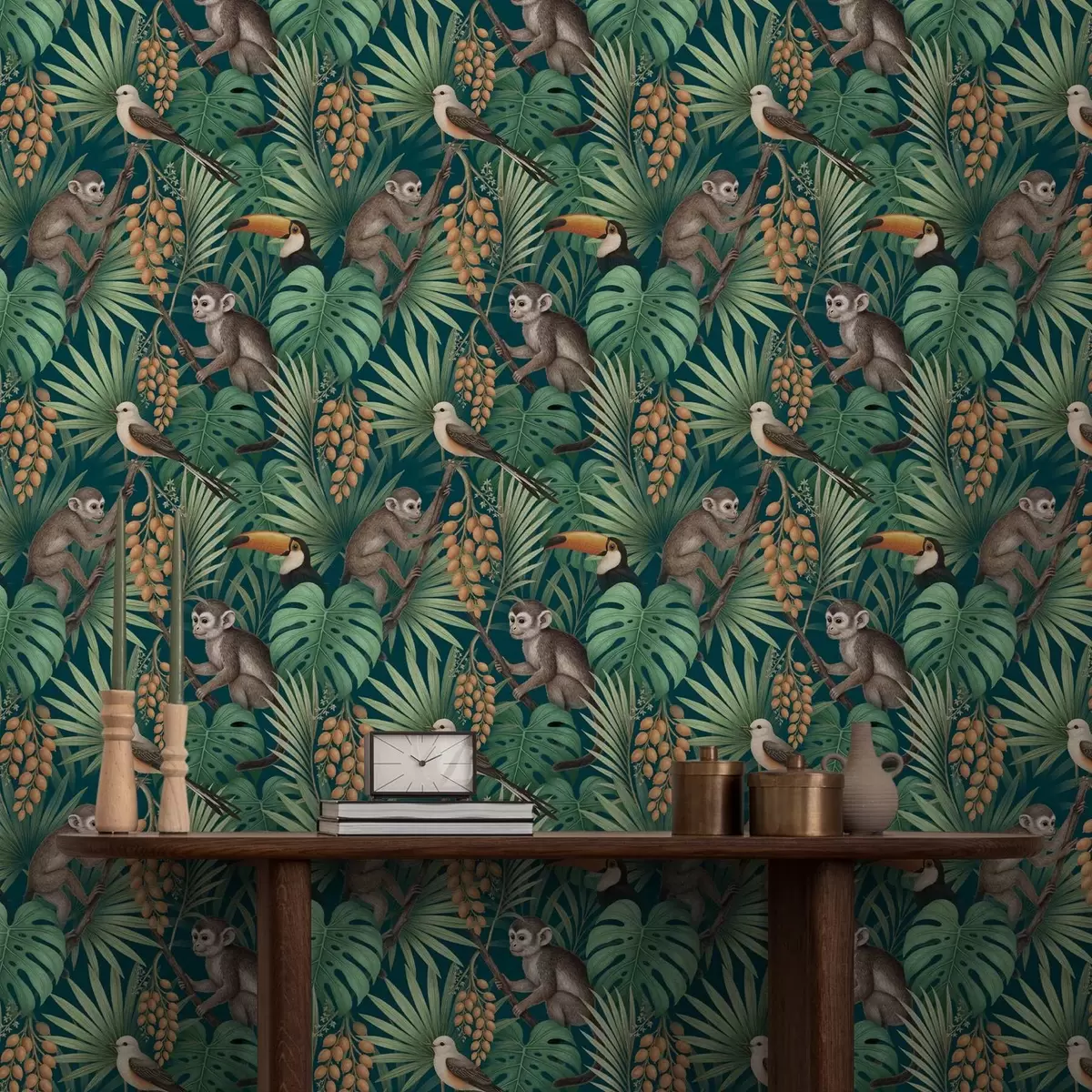 Papier peint Singes et oiseaux tropicaux dans la végétation dense de la jungle a01037