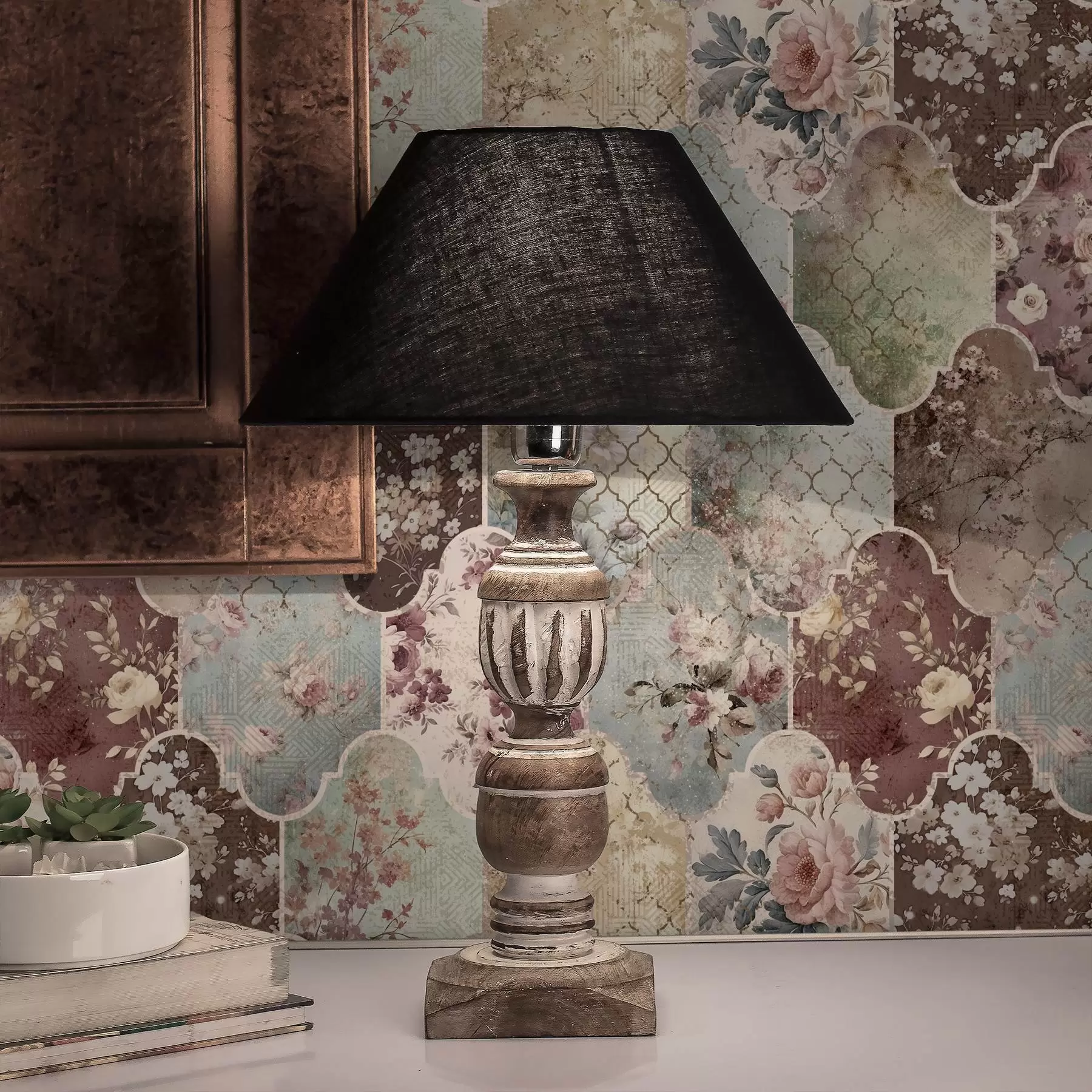 fototapeter Patchwork af blomsterpaneler og slidte mønstrede fliser a01038