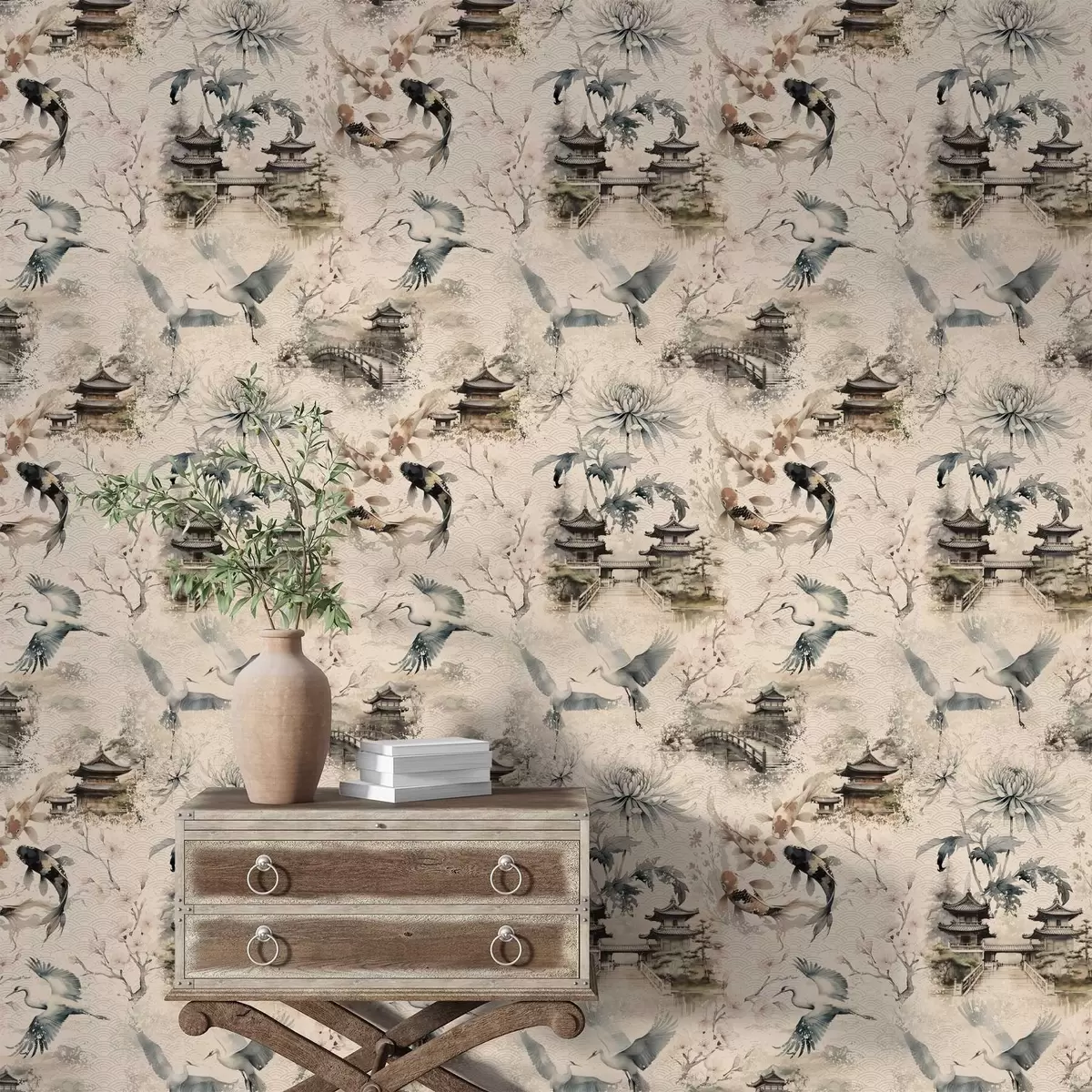 Baggrund Japanske templer, koi-fisk og traner på en blød baggrund a01040