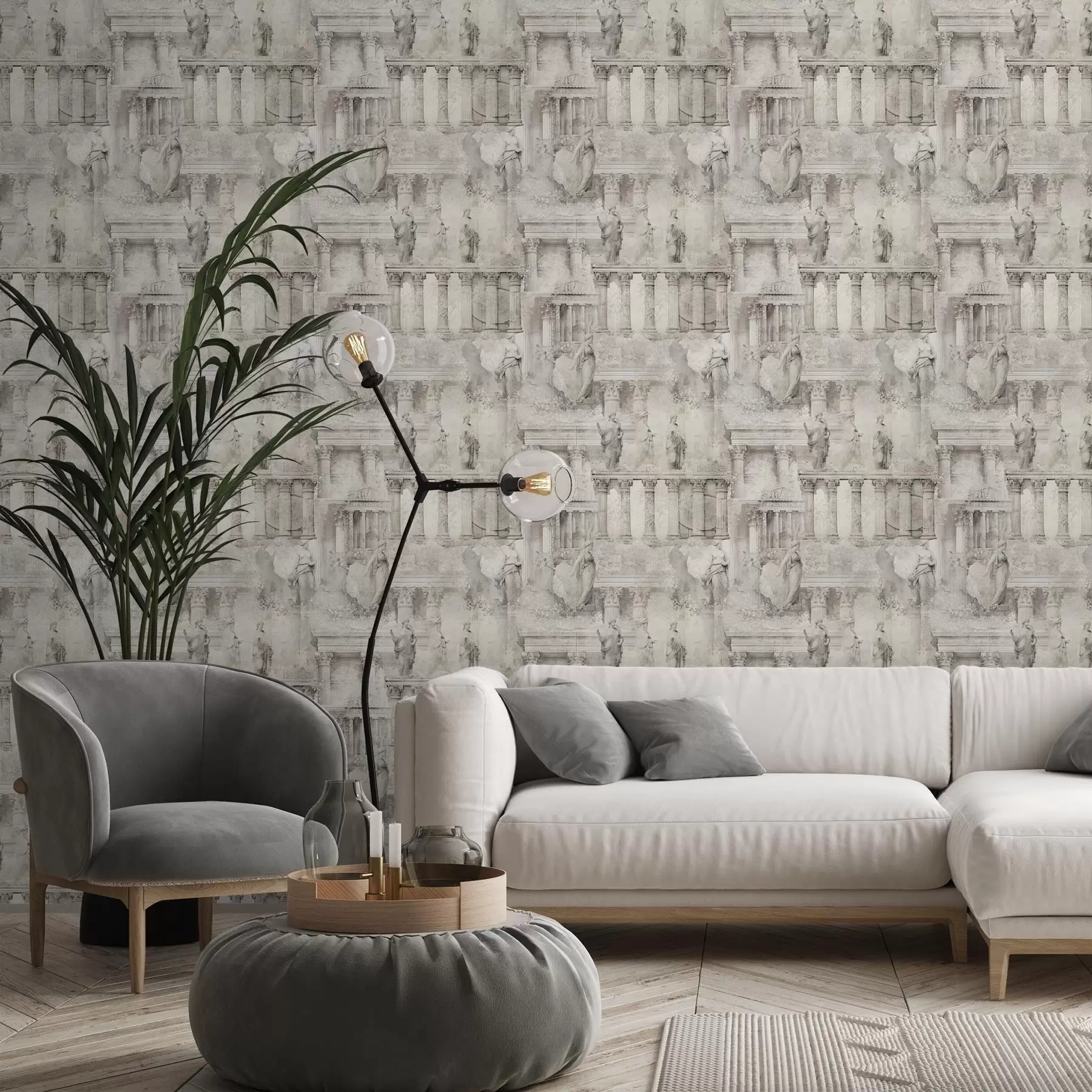 Murale Statues et colonnes antiques dans des tons doux beige-gris a01041