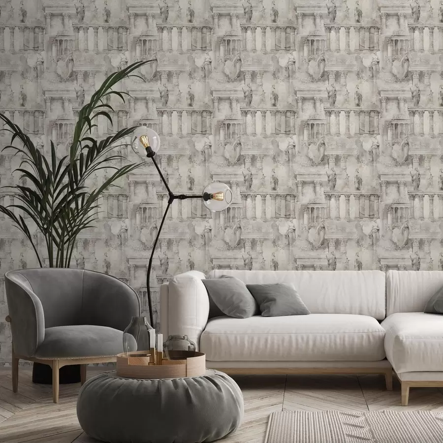 Murale Statues et colonnes antiques dans des tons doux beige-gris a01041