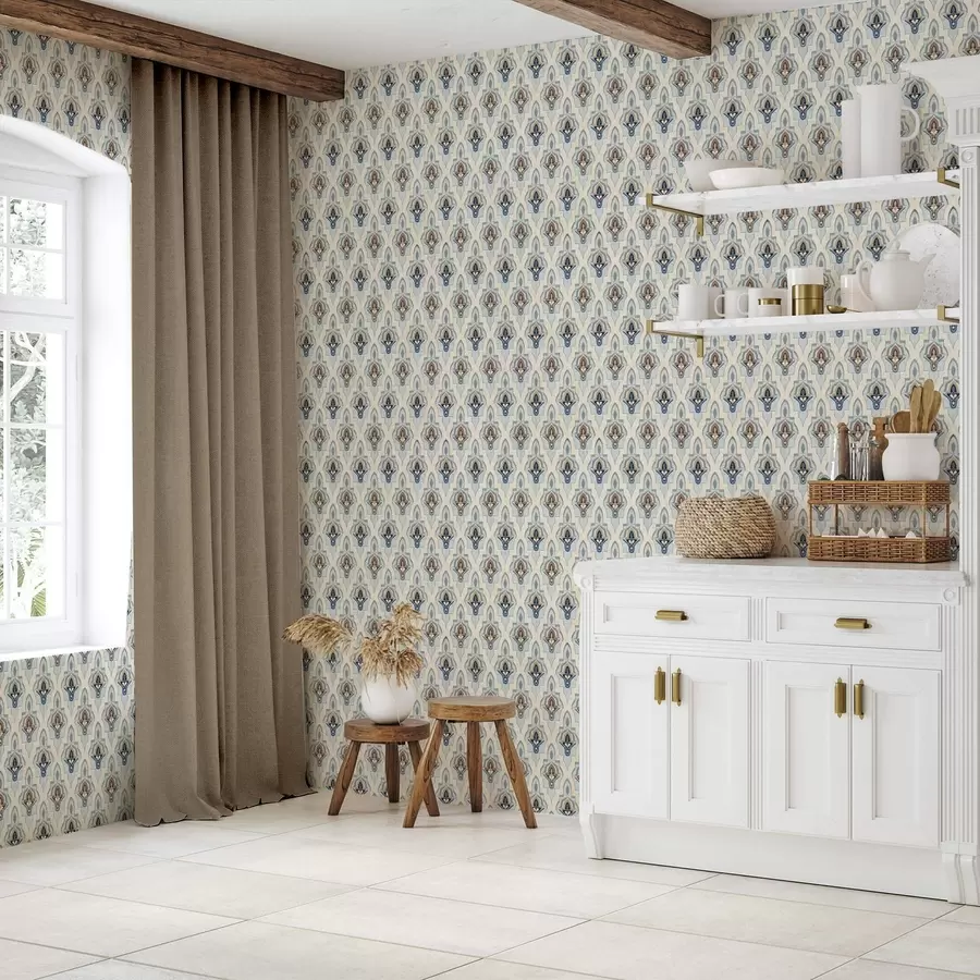 Murale Motif oriental composé de petits carreaux dans une palette bleu sable a01044