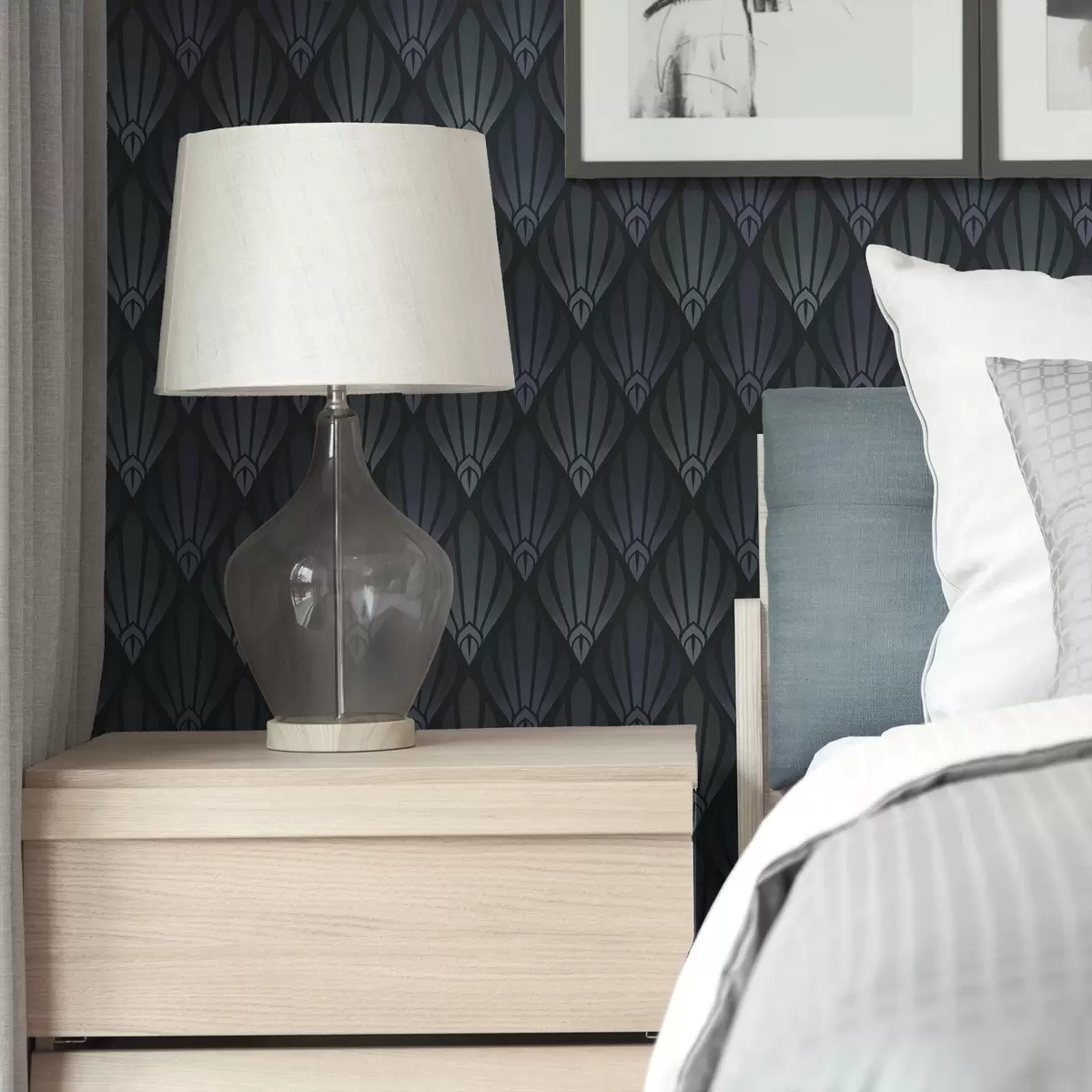 Papier peint Art déco bleu-gris raffiné avec des formes en éventail a01064v3